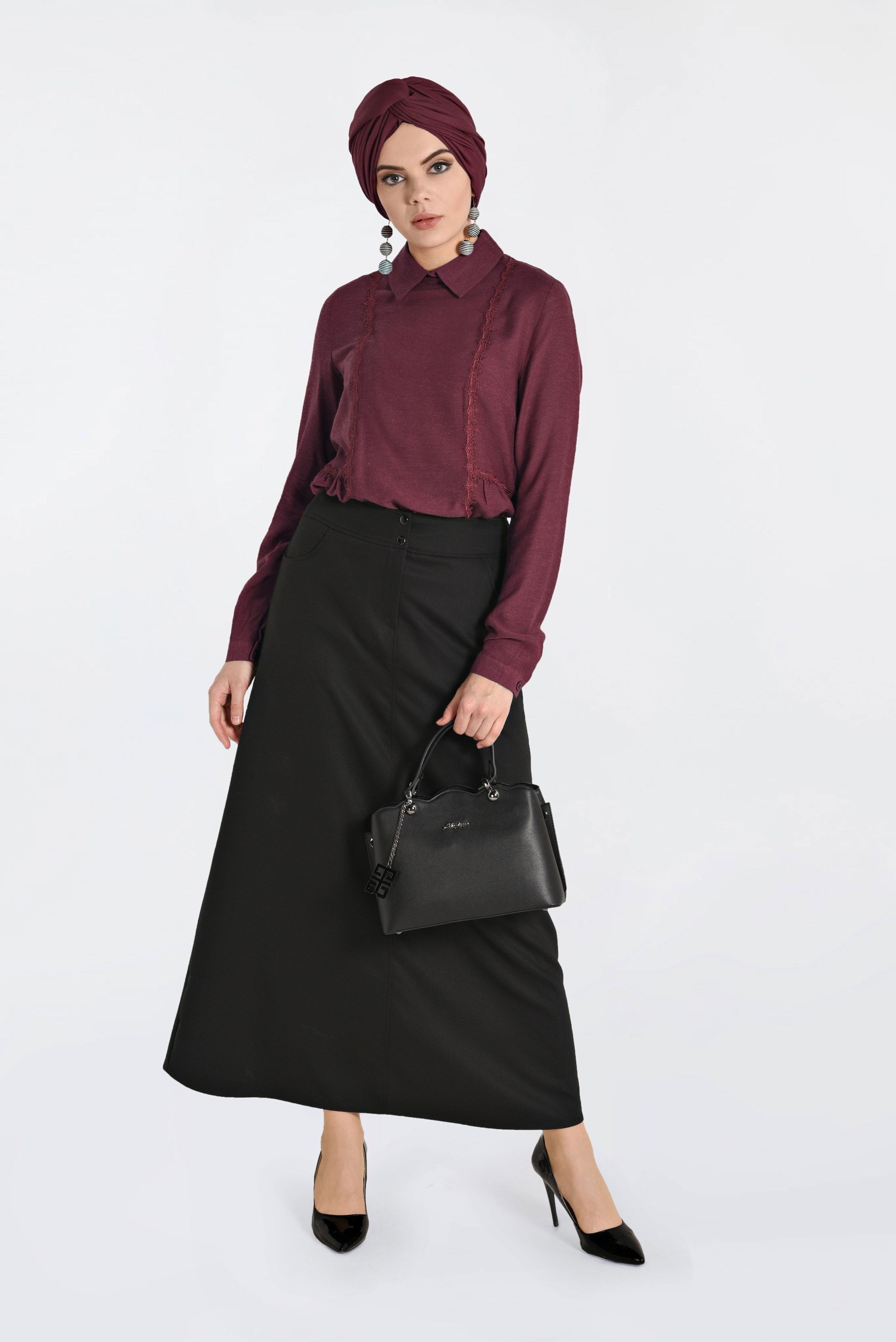 Tesettür giyim KIRMIZI DANTEL ŞERİTLİ BLUZ 4788 