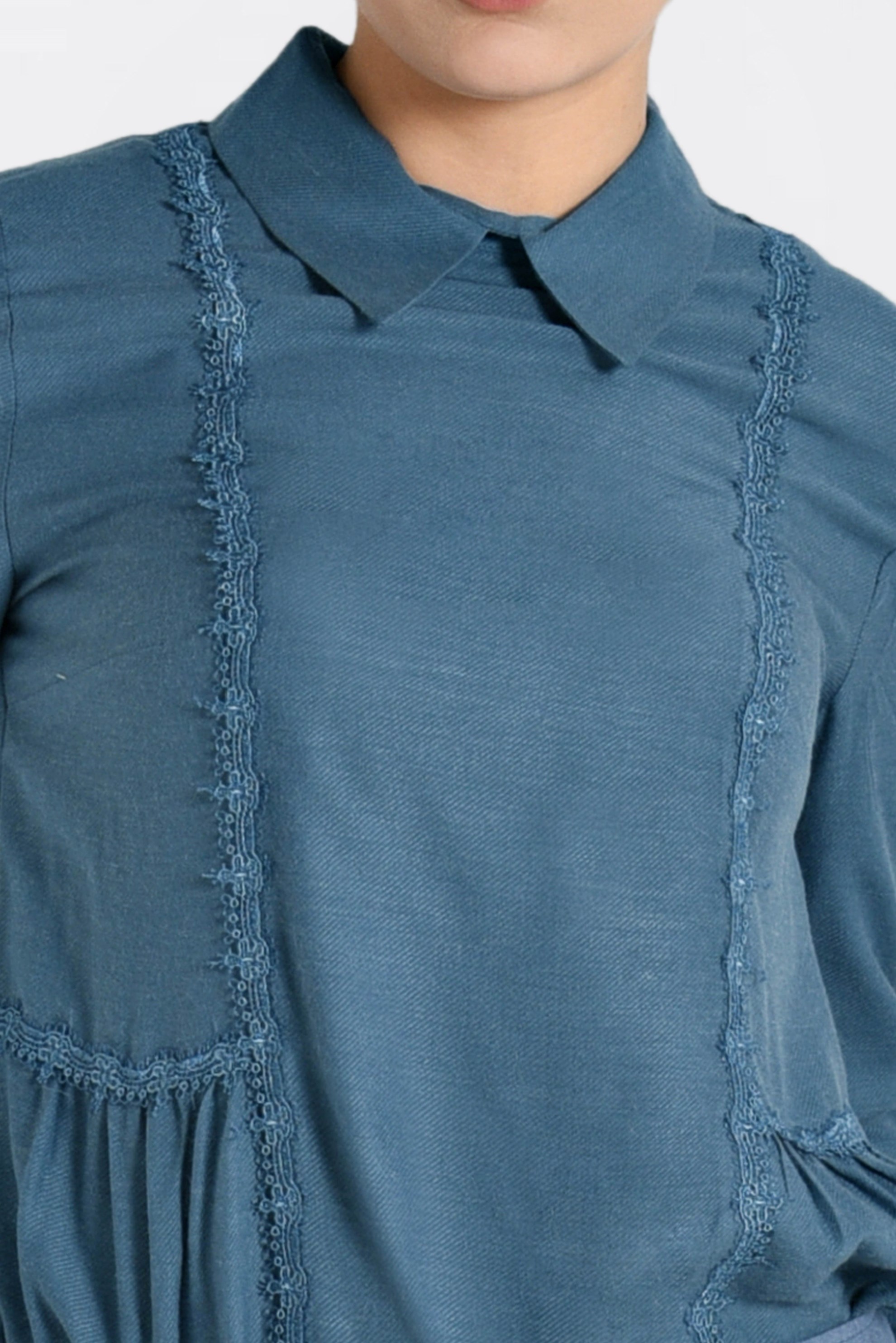 Tesettür giyim MAVİ DANTEL ŞERİTLİ BLUZ 4788 