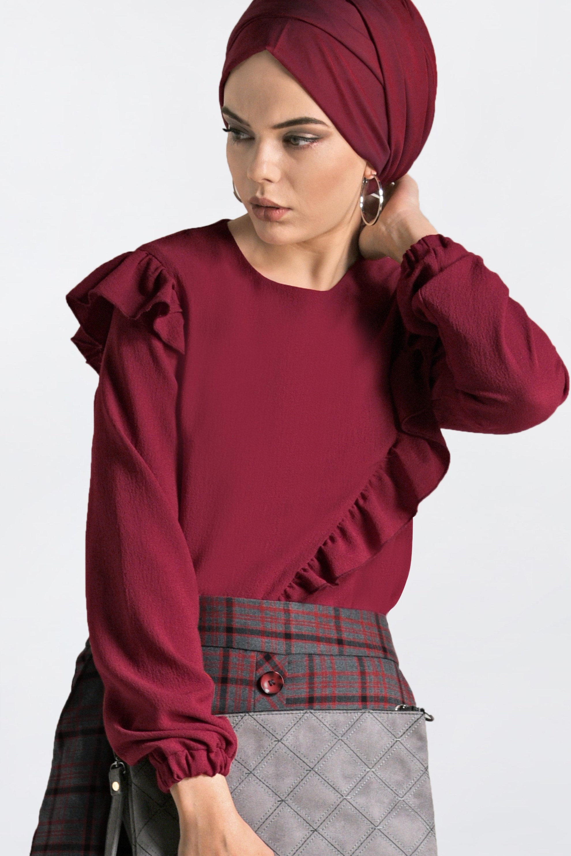 Tesettür giyim BORDO FIRFIRLI BLUZ 4801 