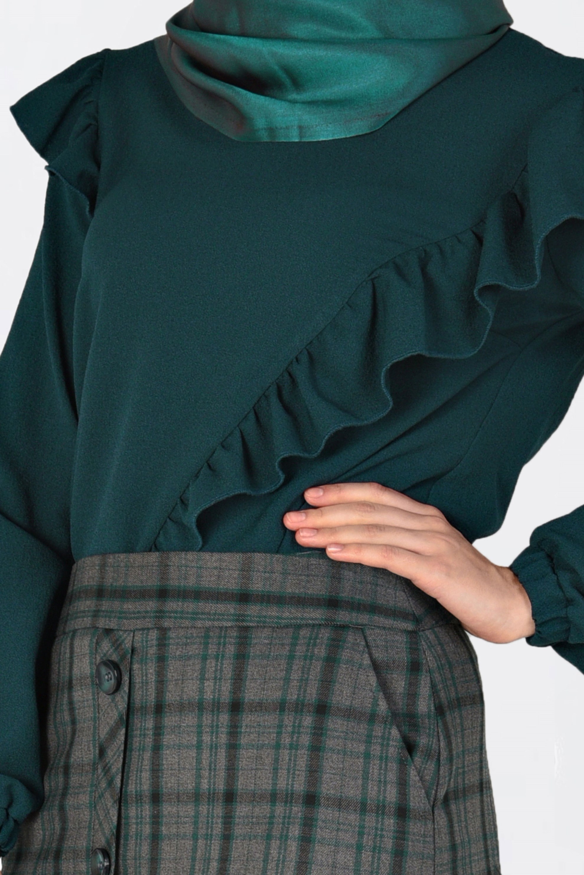 Tesettür giyim YEŞİL FIRFIRLI BLUZ 4801 