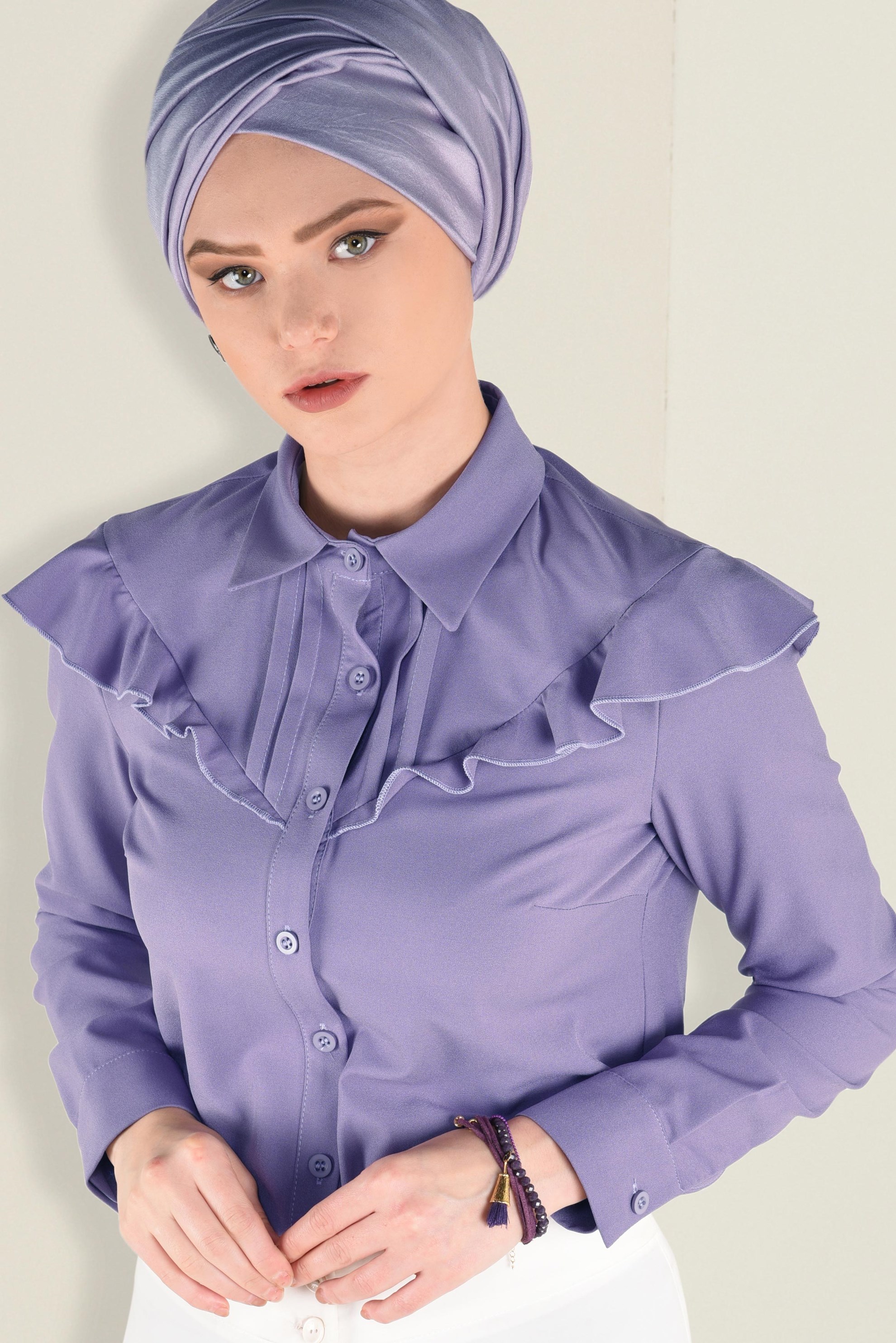 Tesettür giyim MOR YAKASI FIRFIRLI GÖMLEK 4802