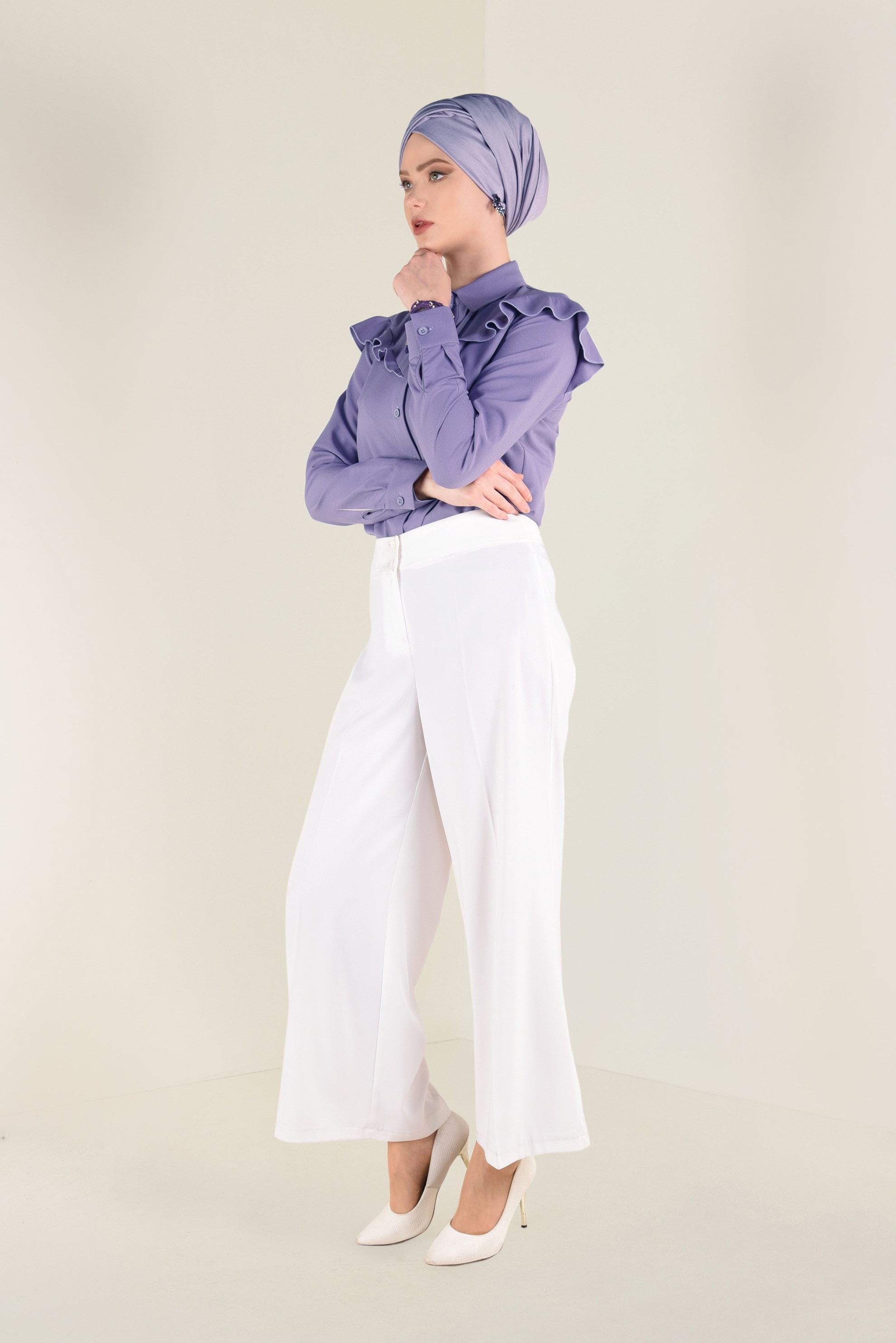 Tesettür giyim MOR YAKASI FIRFIRLI GÖMLEK 4802