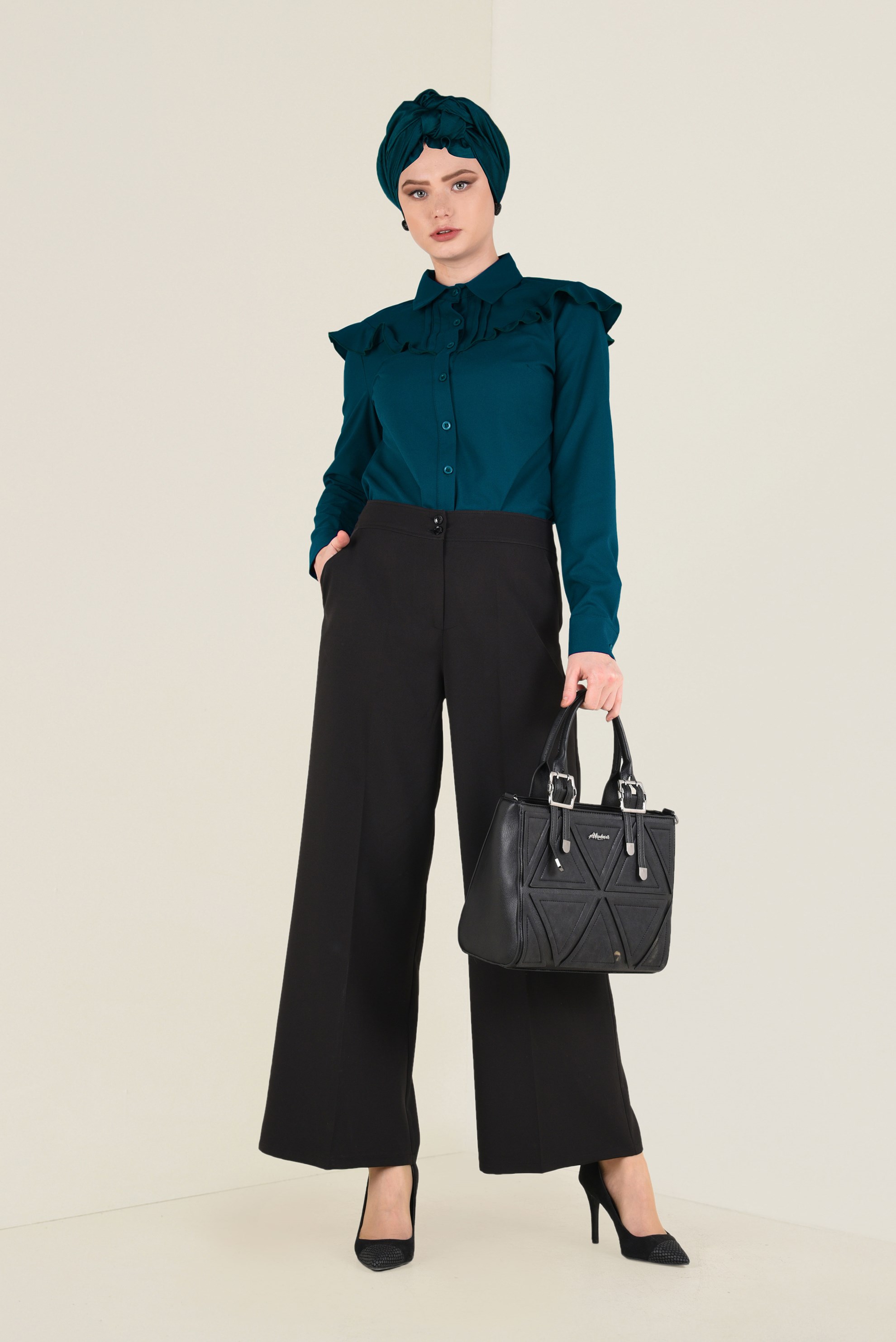 Tesettür giyim YEŞİL YAKASI FIRFIRLI GÖMLEK 4802