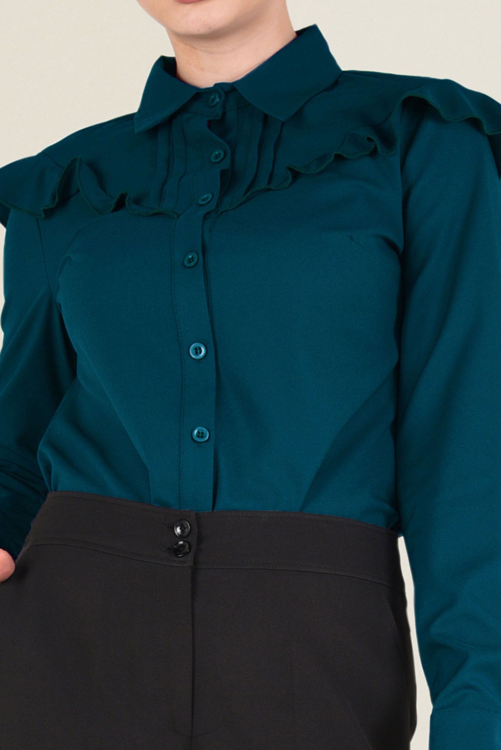 Tesettür giyim YEŞİL YAKASI FIRFIRLI GÖMLEK 4802