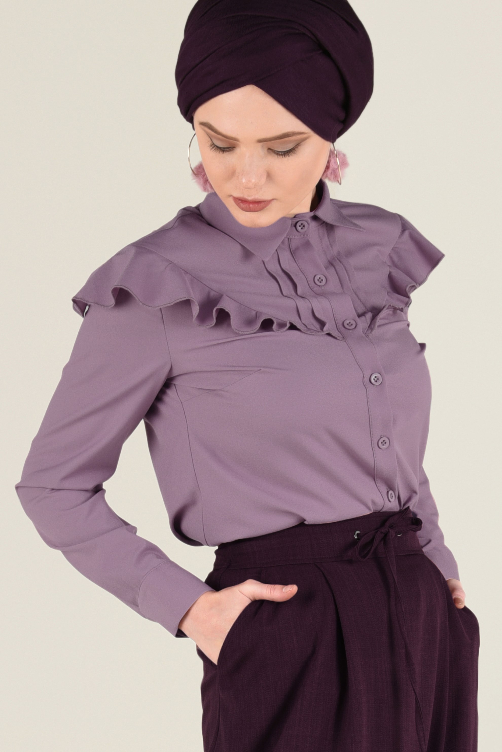 Tesettür giyim PEMBE YAKASI FIRFIRLI GÖMLEK 4802 