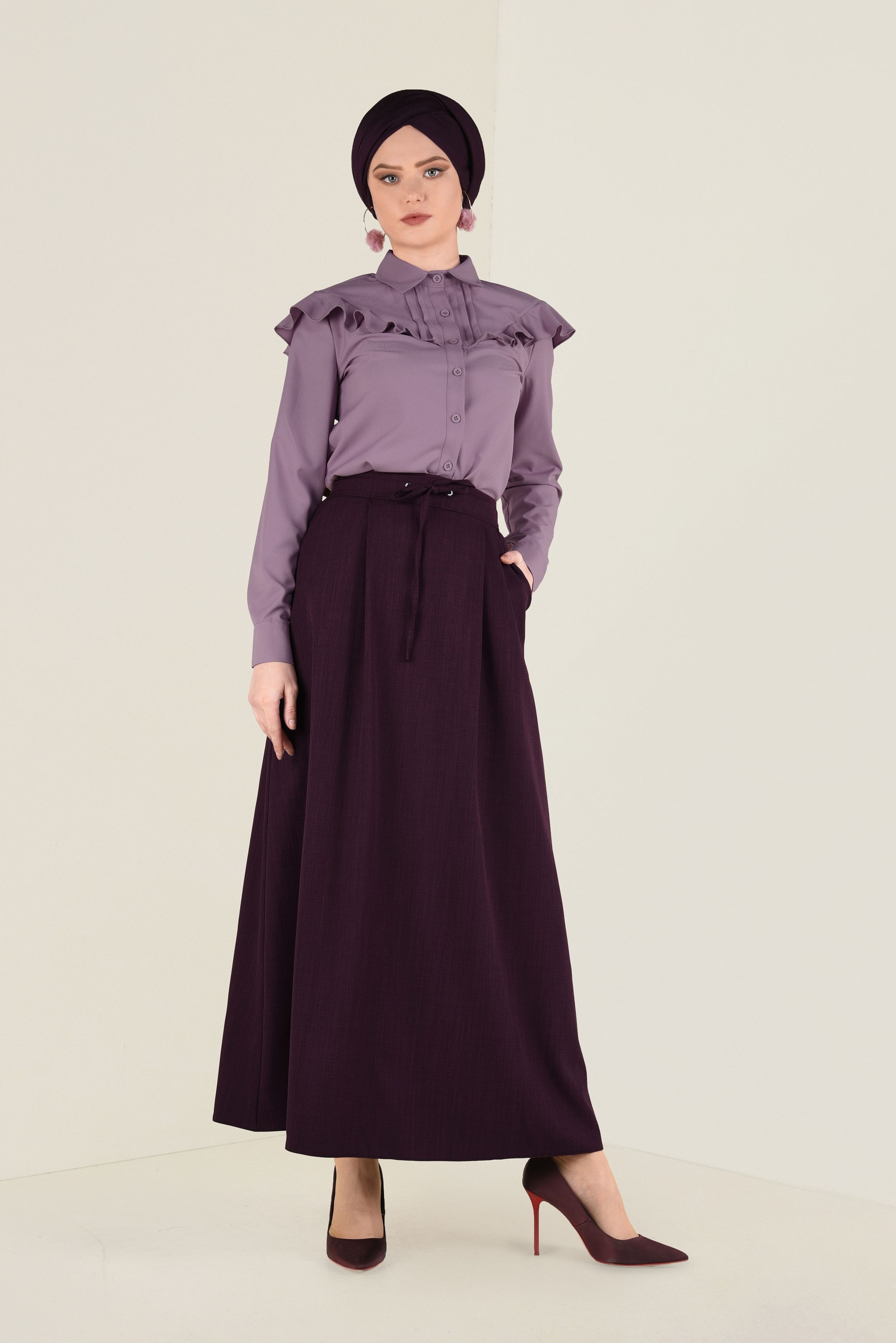Tesettür giyim PEMBE YAKASI FIRFIRLI GÖMLEK 4802 