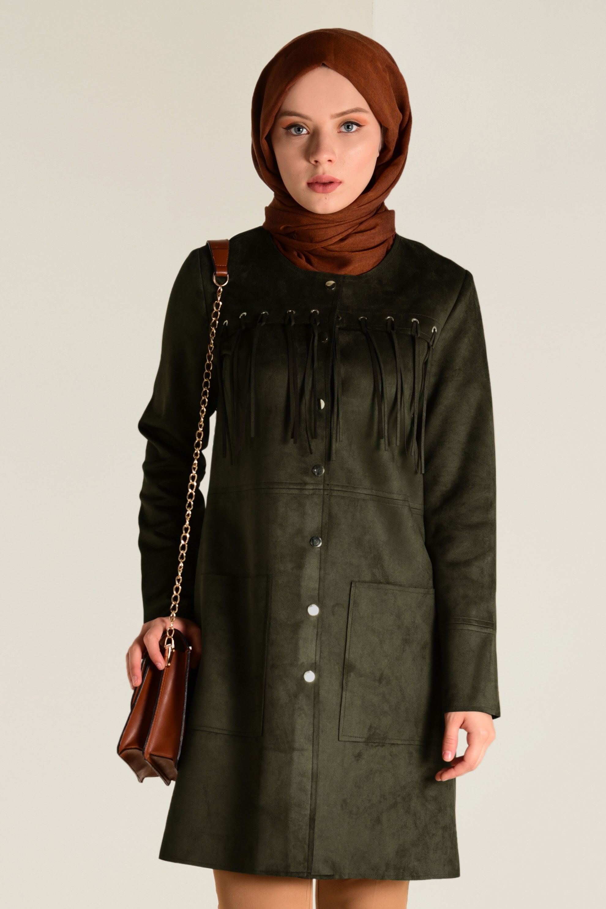 Tesettür giyim HAKİ PÜSKÜLLÜ SÜET CEKET 4581