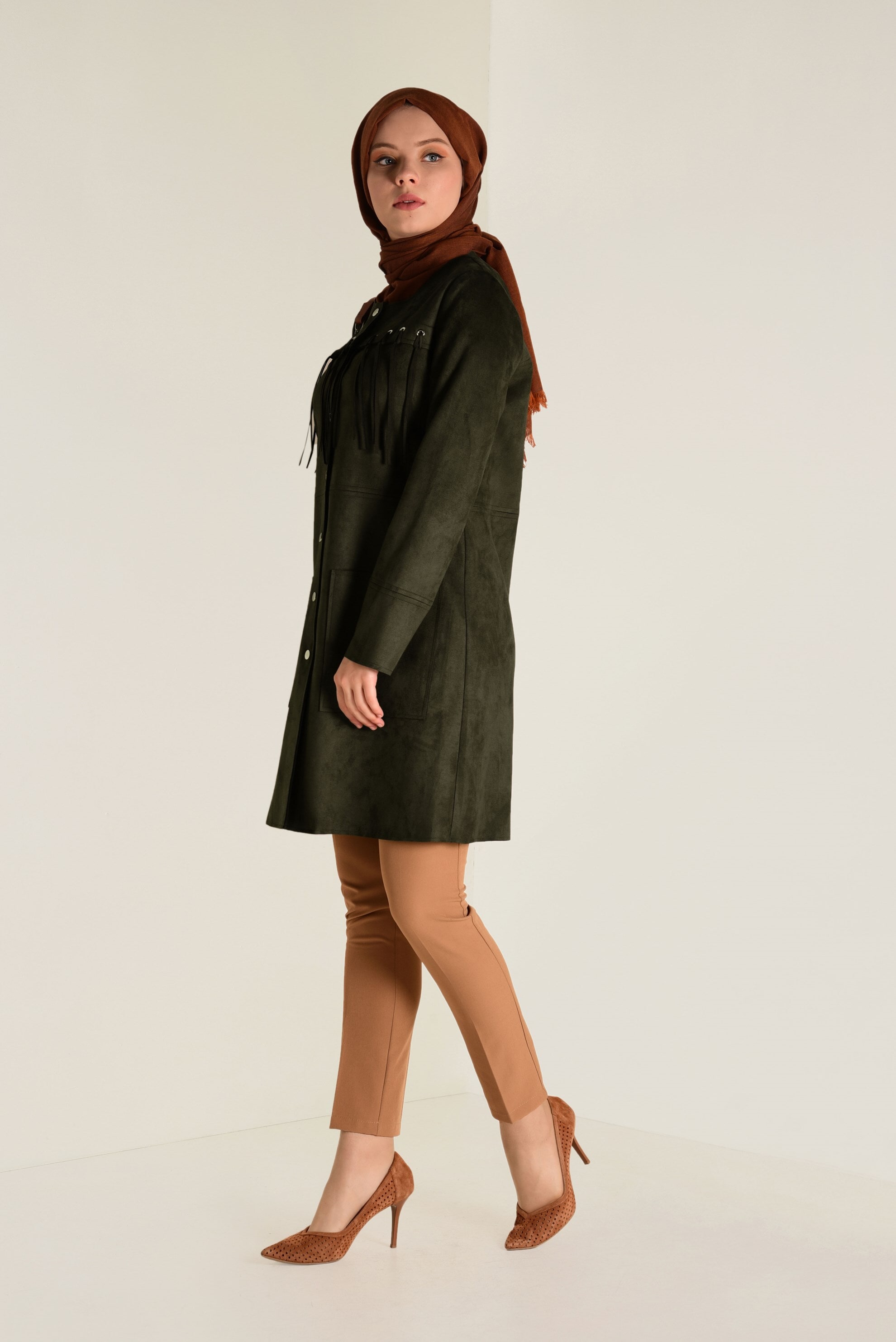 Tesettür giyim HAKİ PÜSKÜLLÜ SÜET CEKET 4581