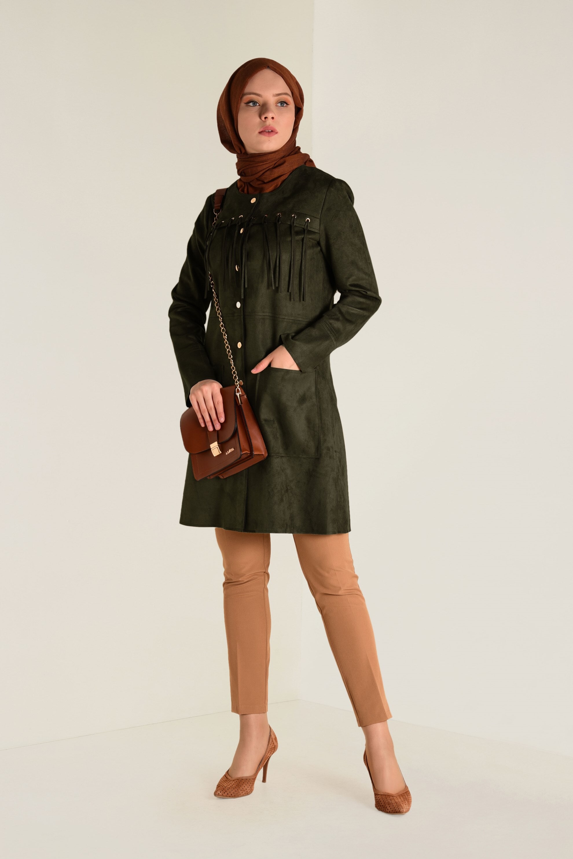 Tesettür giyim HAKİ PÜSKÜLLÜ SÜET CEKET 4581