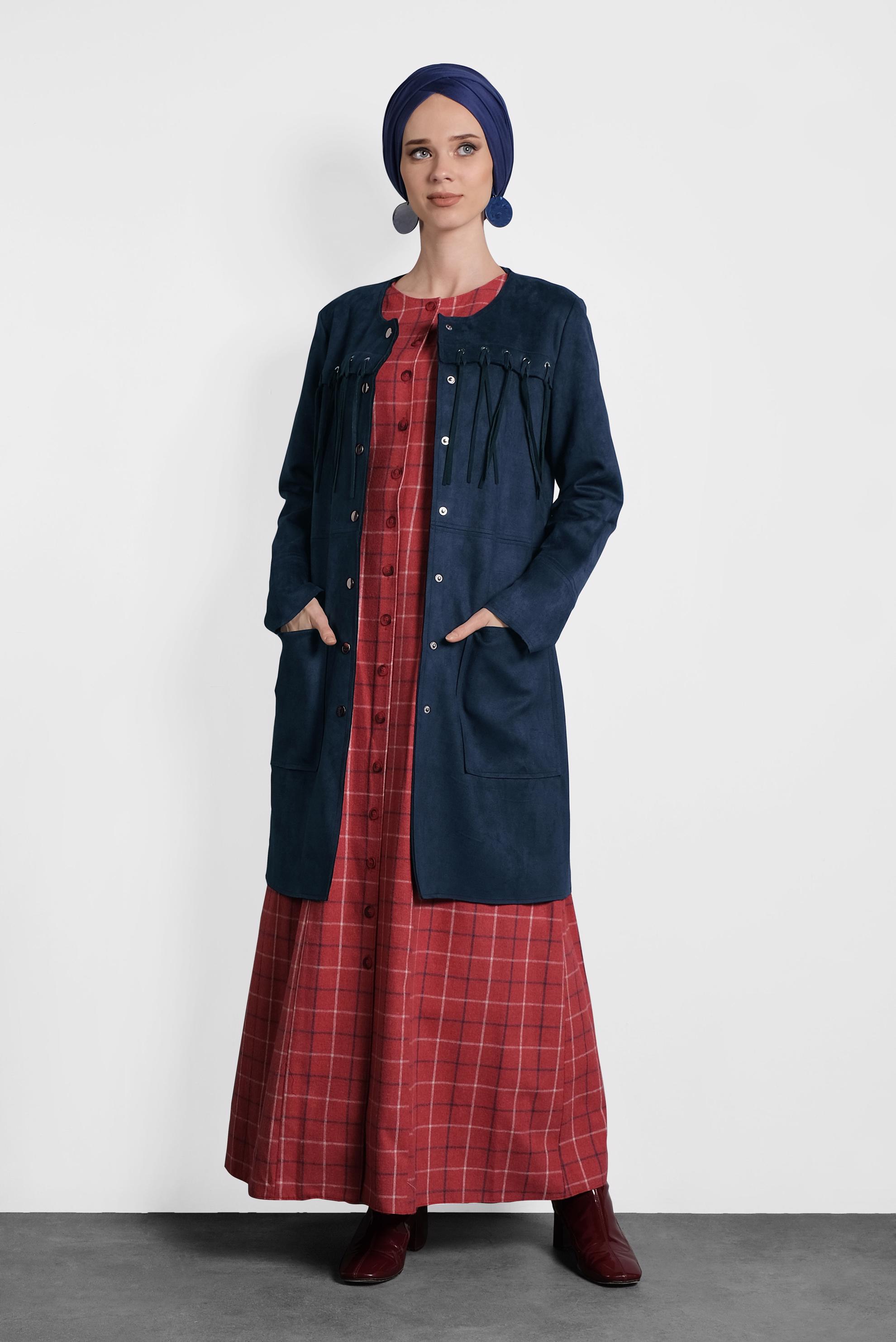 Tesettür giyim LACİVERT PÜSKÜLLÜ SÜET CEKET 4581