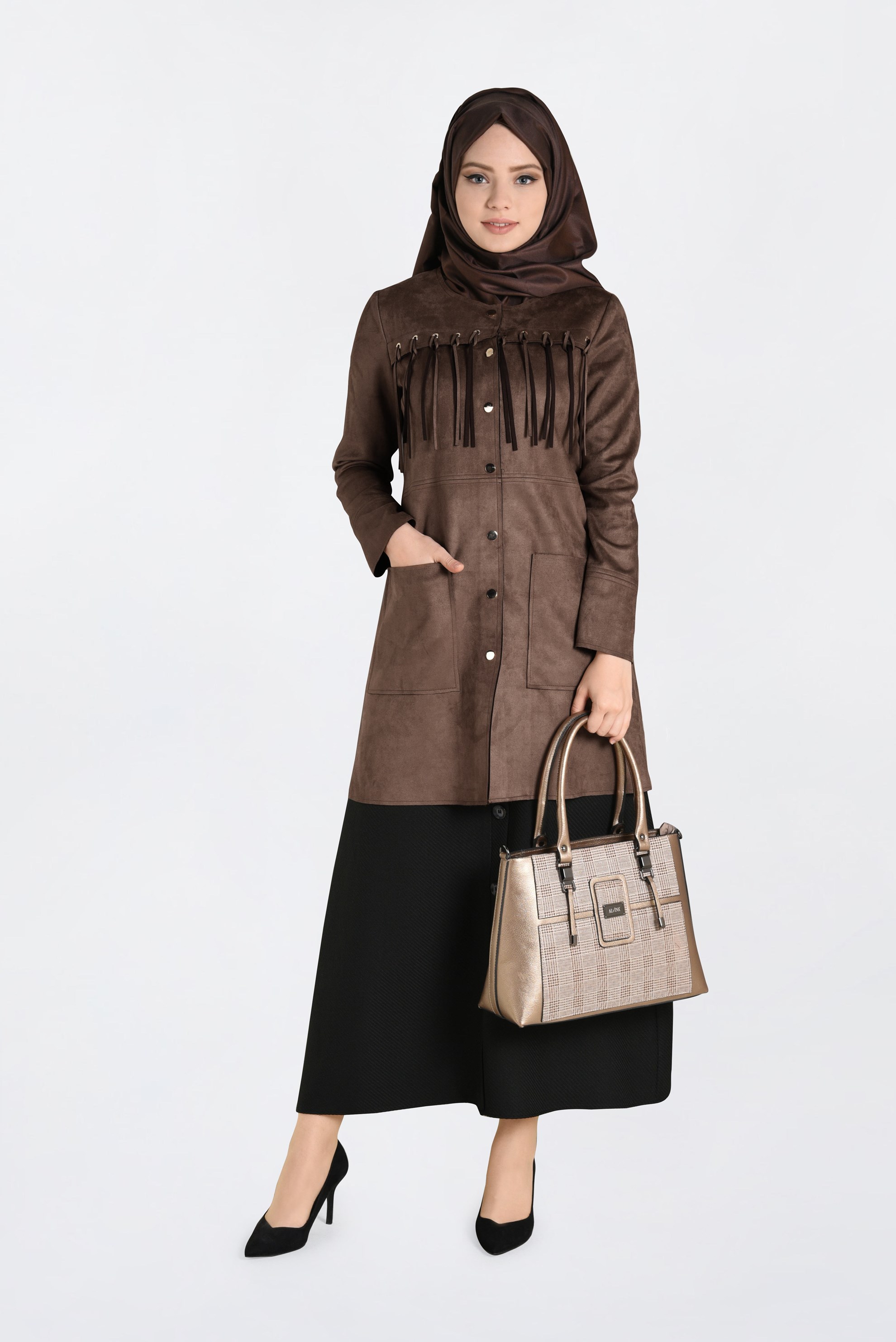 Tesettür giyim KAHVE PÜSKÜLLÜ SÜET CEKET 4581