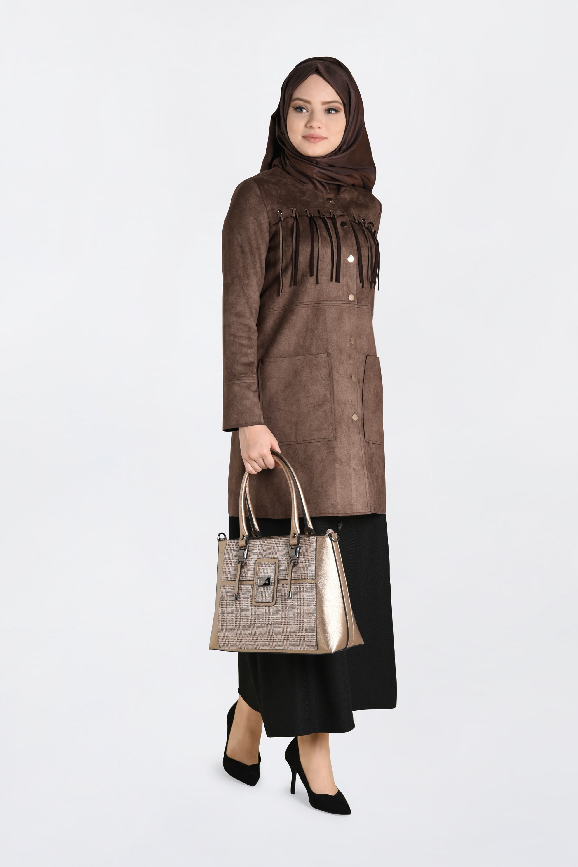Tesettür giyim KAHVE PÜSKÜLLÜ SÜET CEKET 4581