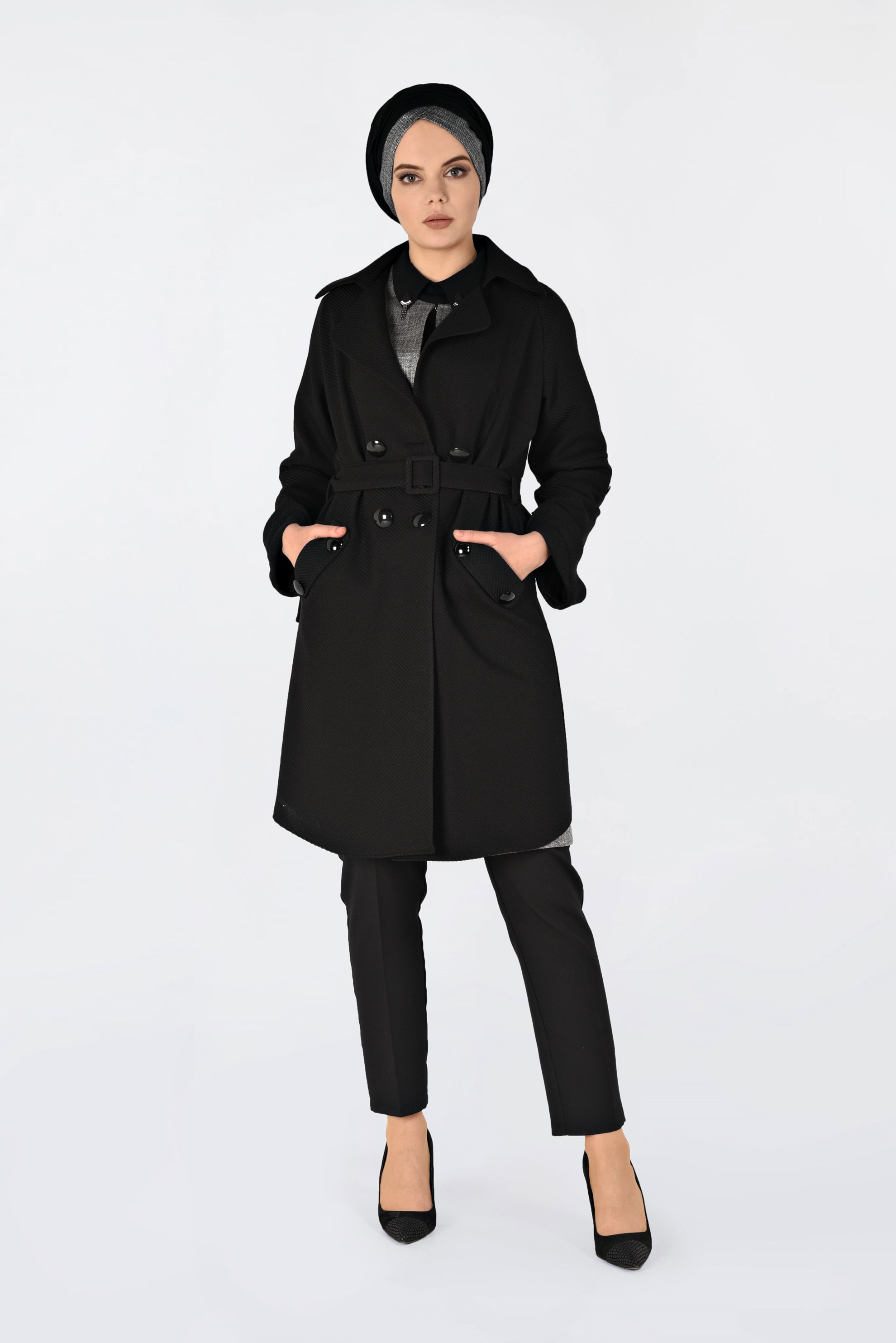 Vêtements hijab NOIR VESTE À DEUX RANGÉES DE BOUTONS AVEC CEINTURE 4636 