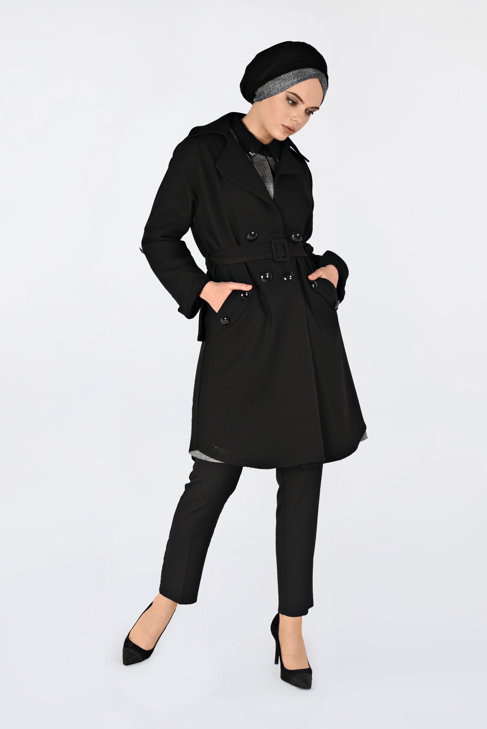 Vêtements hijab NOIR VESTE À DEUX RANGÉES DE BOUTONS AVEC CEINTURE 4636 