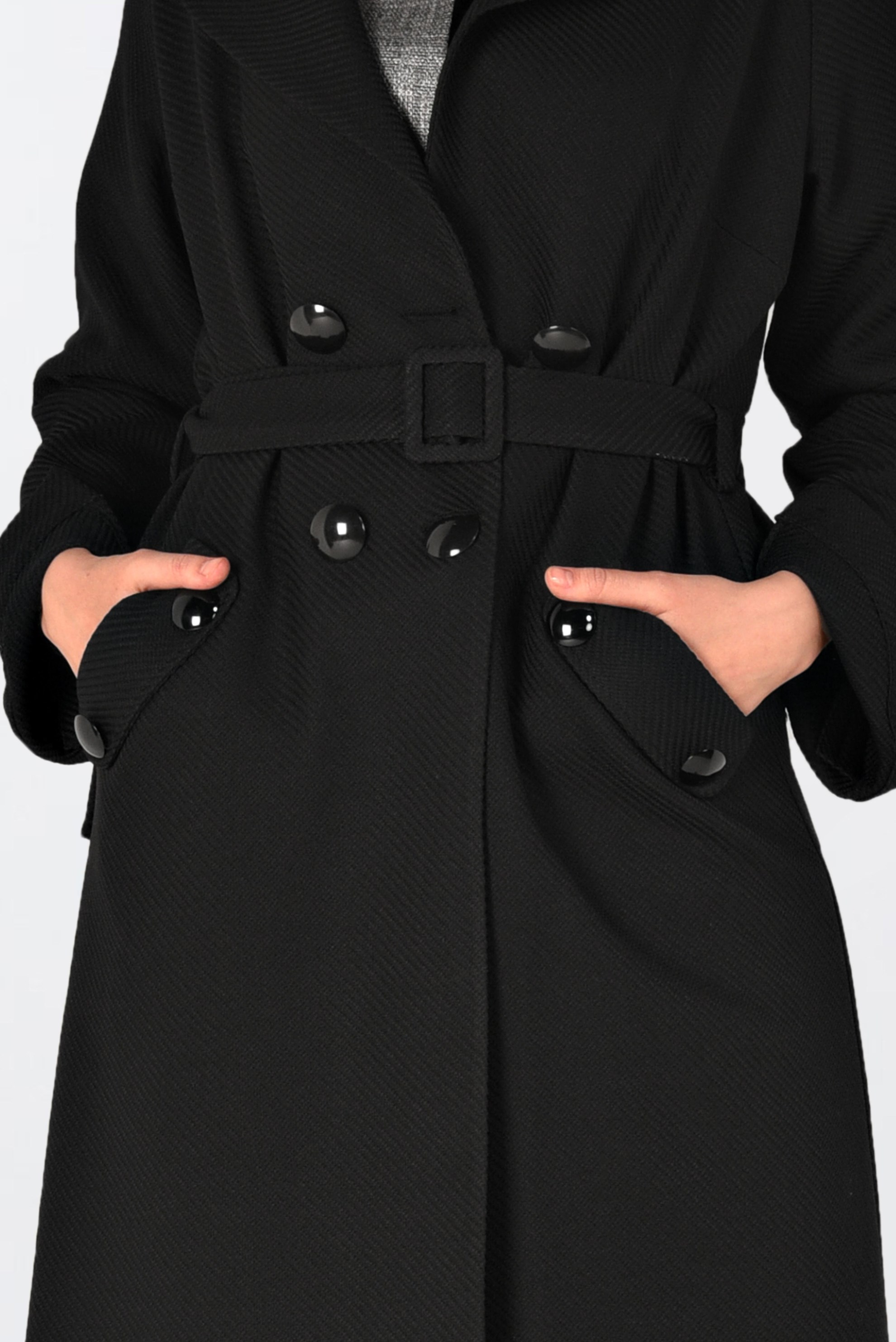 Vêtements hijab NOIR VESTE À DEUX RANGÉES DE BOUTONS AVEC CEINTURE 4636 