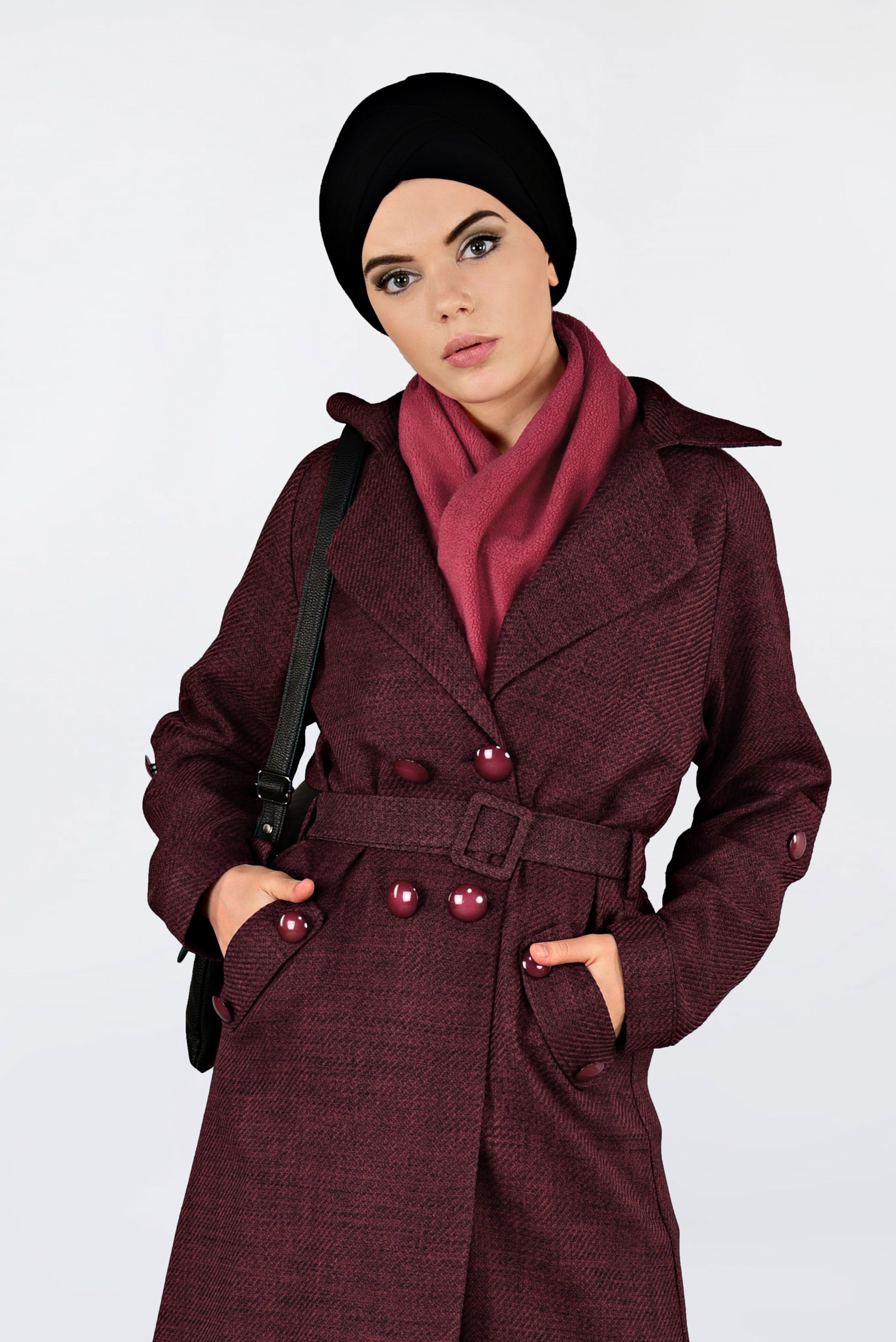 Vêtements hijab ROUGE BORDEAUX VESTE À DEUX RANGÉES DE BOUTONS AVEC CEINTURE 4636 