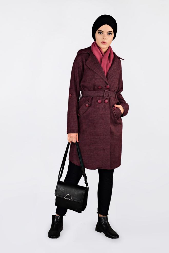 Vêtements hijab ROUGE BORDEAUX VESTE À DEUX RANGÉES DE BOUTONS AVEC CEINTURE 4636  - ALVİNA