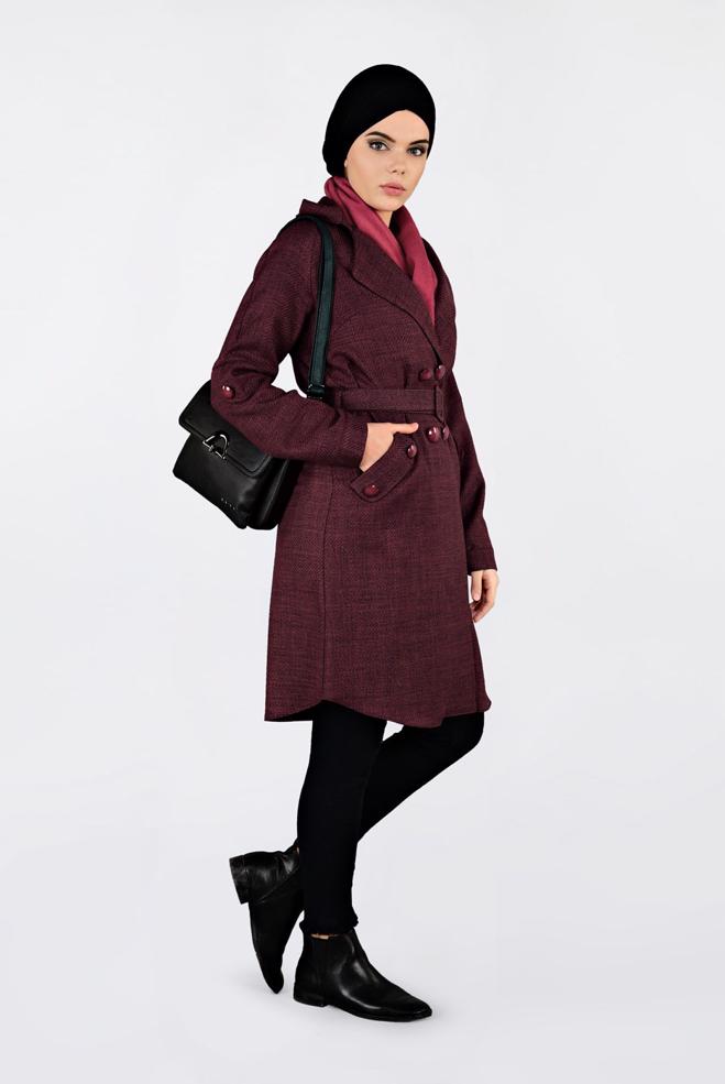 Vêtements hijab ROUGE BORDEAUX VESTE À DEUX RANGÉES DE BOUTONS AVEC CEINTURE 4636  - ALVİNA