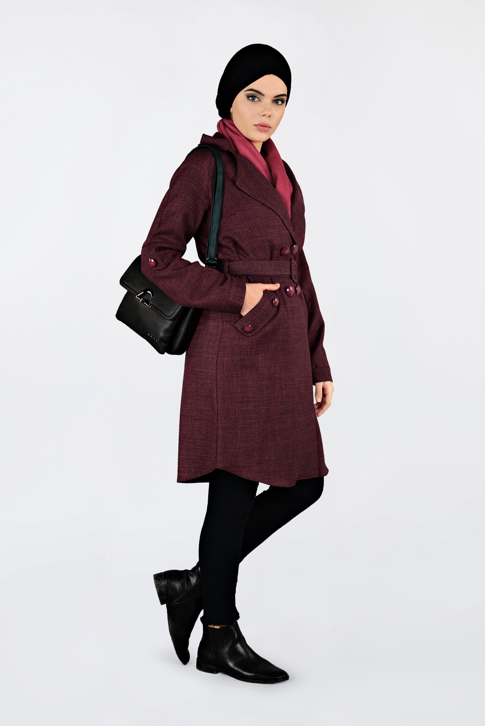 Vêtements hijab ROUGE BORDEAUX VESTE À DEUX RANGÉES DE BOUTONS AVEC CEINTURE 4636 