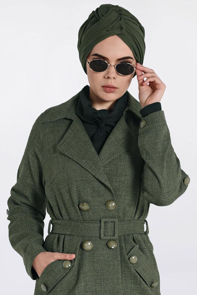 Vêtements hijab KAKI VESTE À DEUX RANGÉES DE BOUTONS AVEC CEINTURE 4636  - ALVİNA