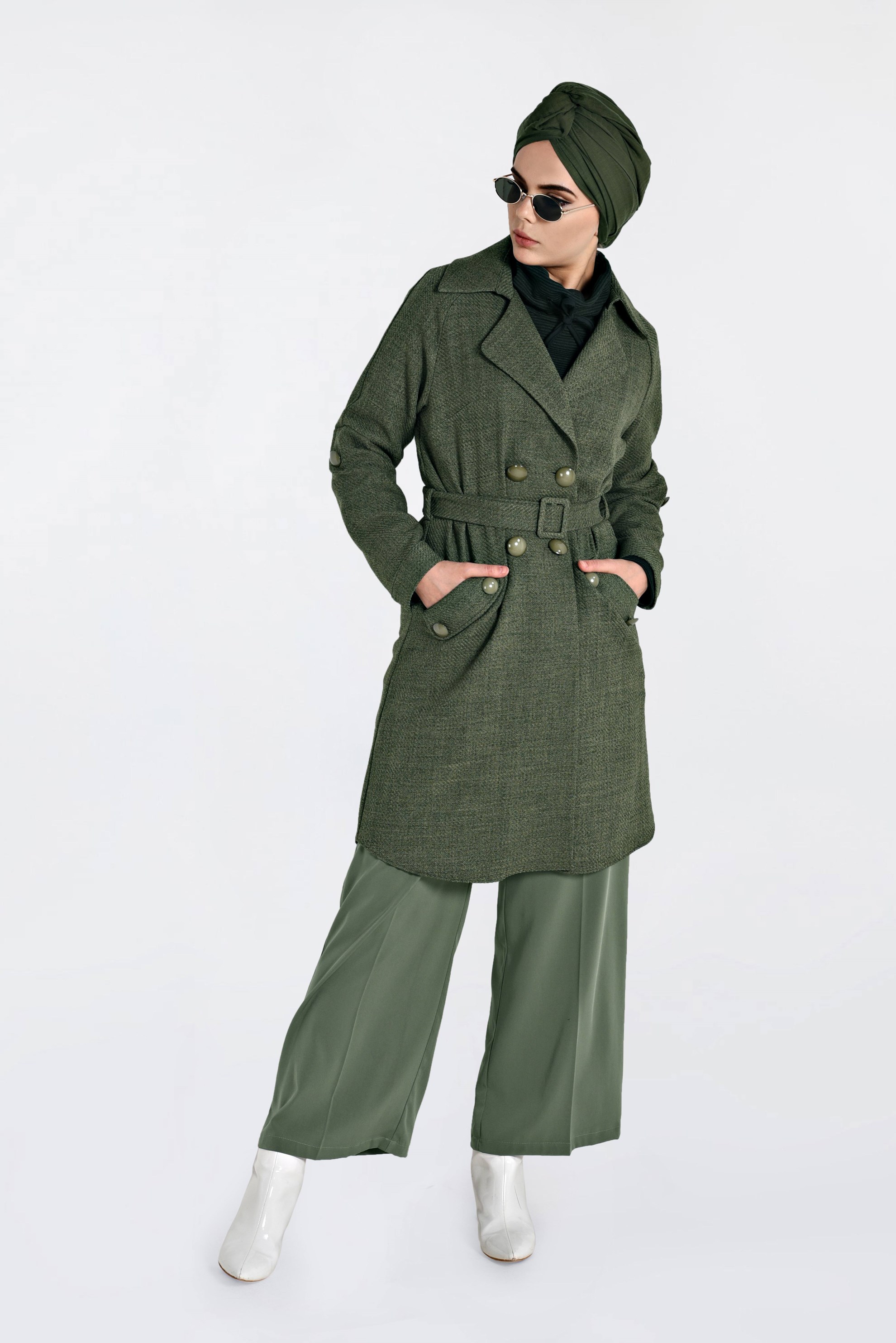 Hijab clothing KHAKI BELTED DOUBLE-BREASTED JACKET  4636 