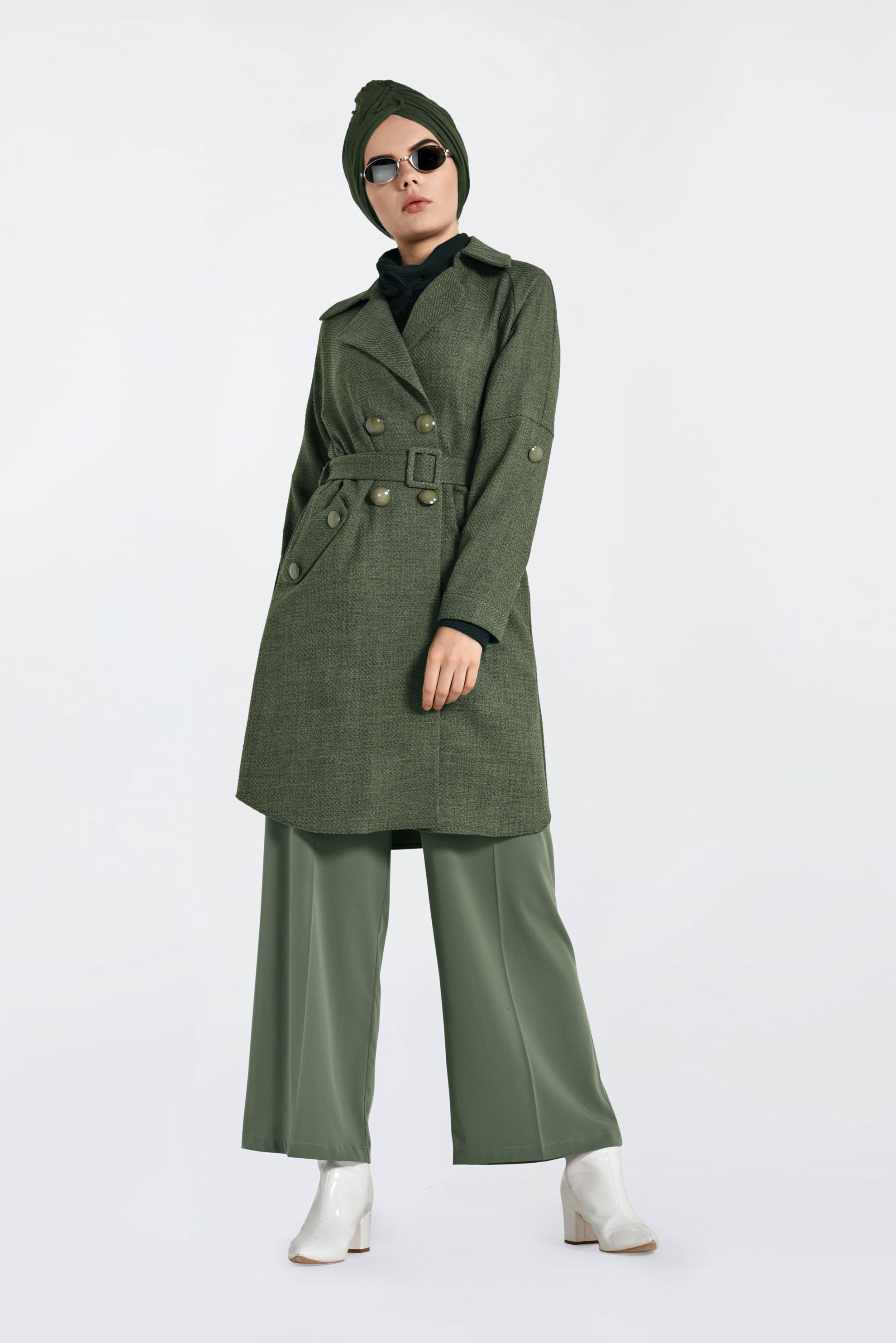 Hijab clothing KHAKI BELTED DOUBLE-BREASTED JACKET  4636 