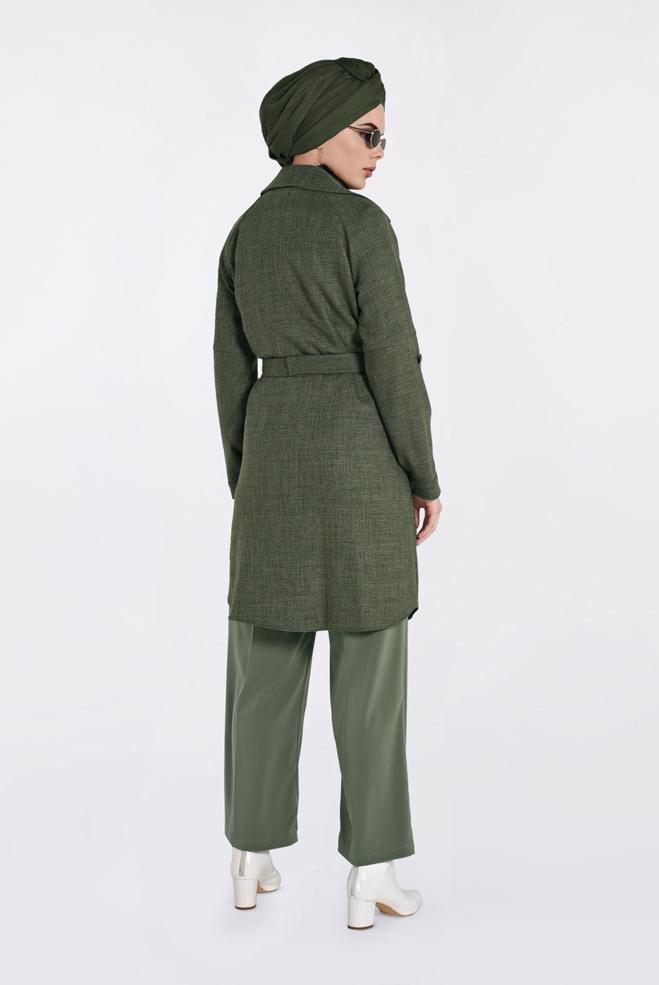 Vêtements hijab KAKI VESTE À DEUX RANGÉES DE BOUTONS AVEC CEINTURE 4636  - ALVİNA
