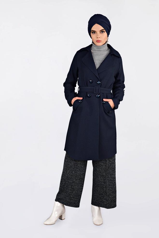 Vêtements hijab BLEU MARINE VESTE À DEUX RANGÉES DE BOUTONS AVEC CEINTURE 4636  - ALVİNA