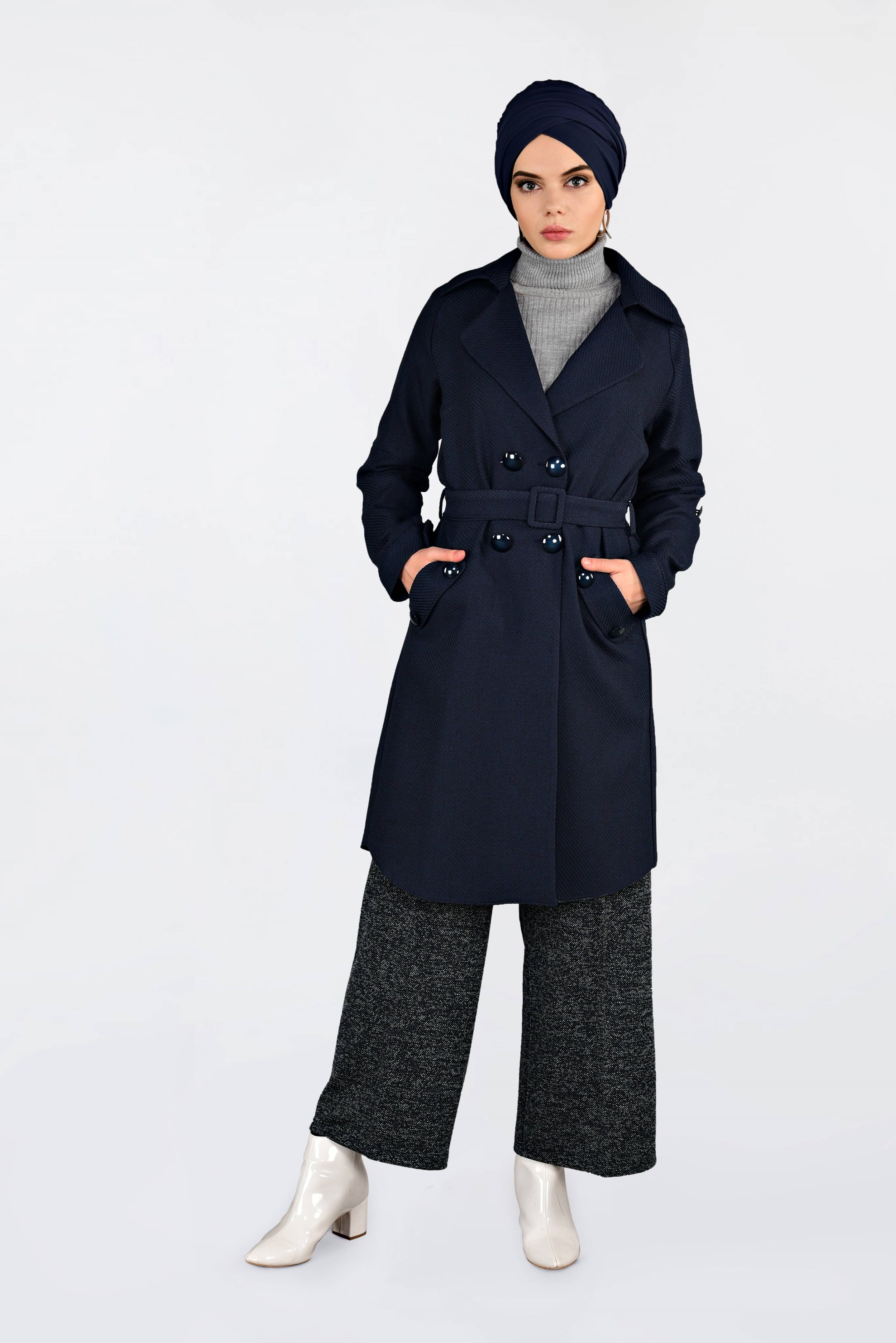 Vêtements hijab BLEU MARINE VESTE À DEUX RANGÉES DE BOUTONS AVEC CEINTURE 4636 