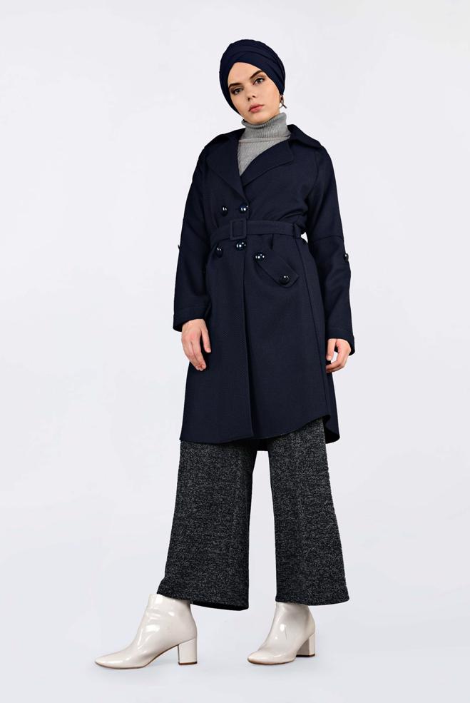 Vêtements hijab BLEU MARINE VESTE À DEUX RANGÉES DE BOUTONS AVEC CEINTURE 4636  - ALVİNA