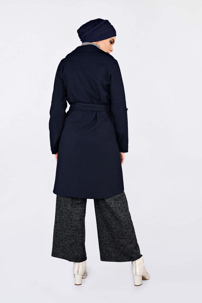 Vêtements hijab BLEU MARINE VESTE À DEUX RANGÉES DE BOUTONS AVEC CEINTURE 4636  - ALVİNA