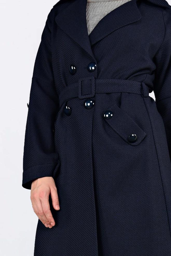 Vêtements hijab BLEU MARINE VESTE À DEUX RANGÉES DE BOUTONS AVEC CEINTURE 4636  - ALVİNA