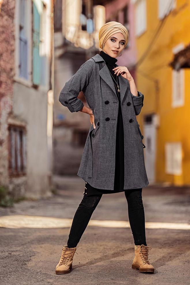 Vêtements hijab GRIS VESTE À DEUX RANGÉES DE BOUTONS AVEC CEINTURE 4636  - ALVİNA