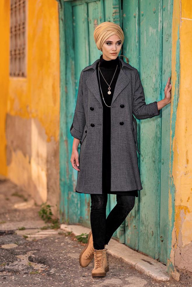 Vêtements hijab GRIS VESTE À DEUX RANGÉES DE BOUTONS AVEC CEINTURE 4636  - ALVİNA