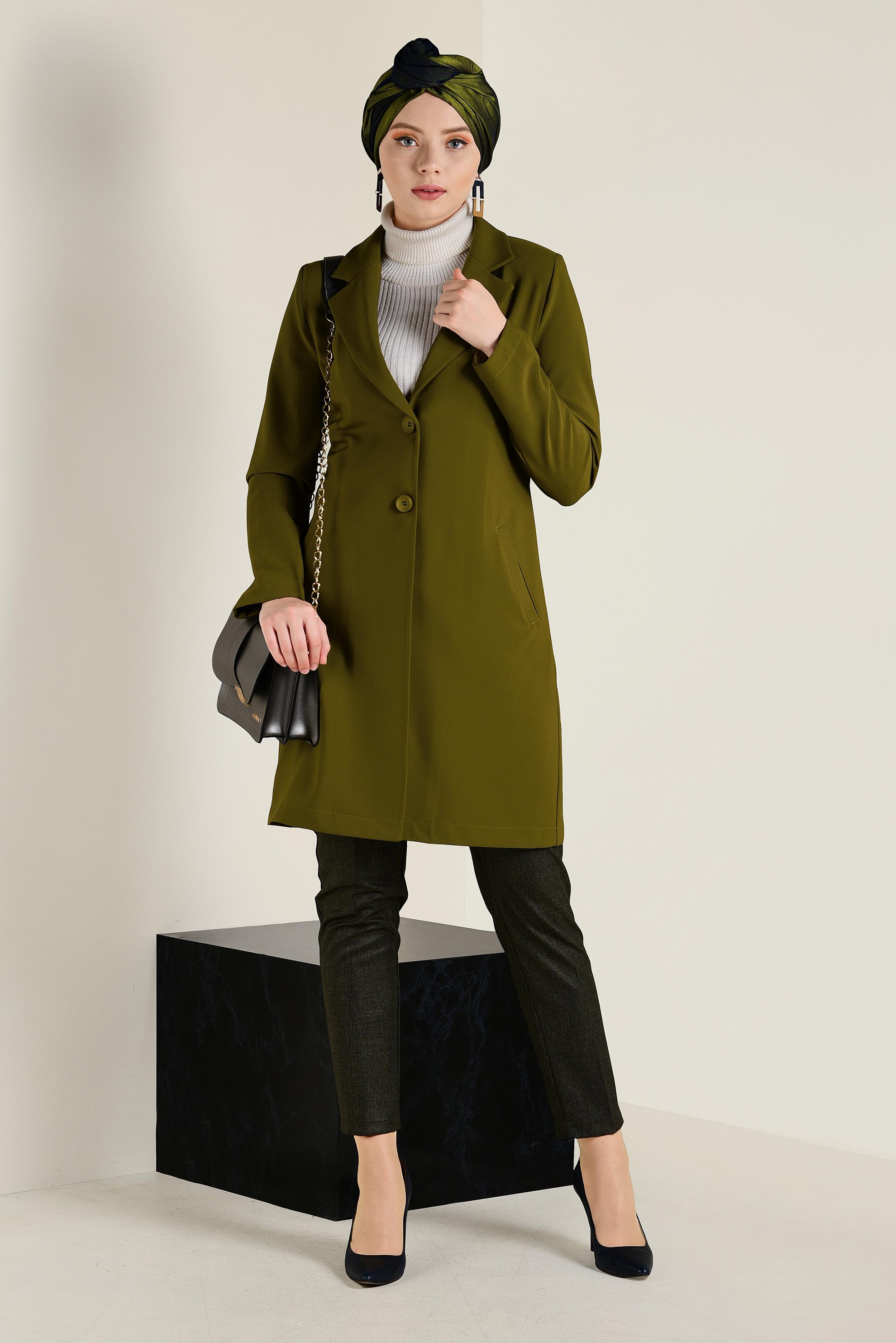 Tesettür giyim HAKİ DÜĞMELİ KLASİK CEKET 4741