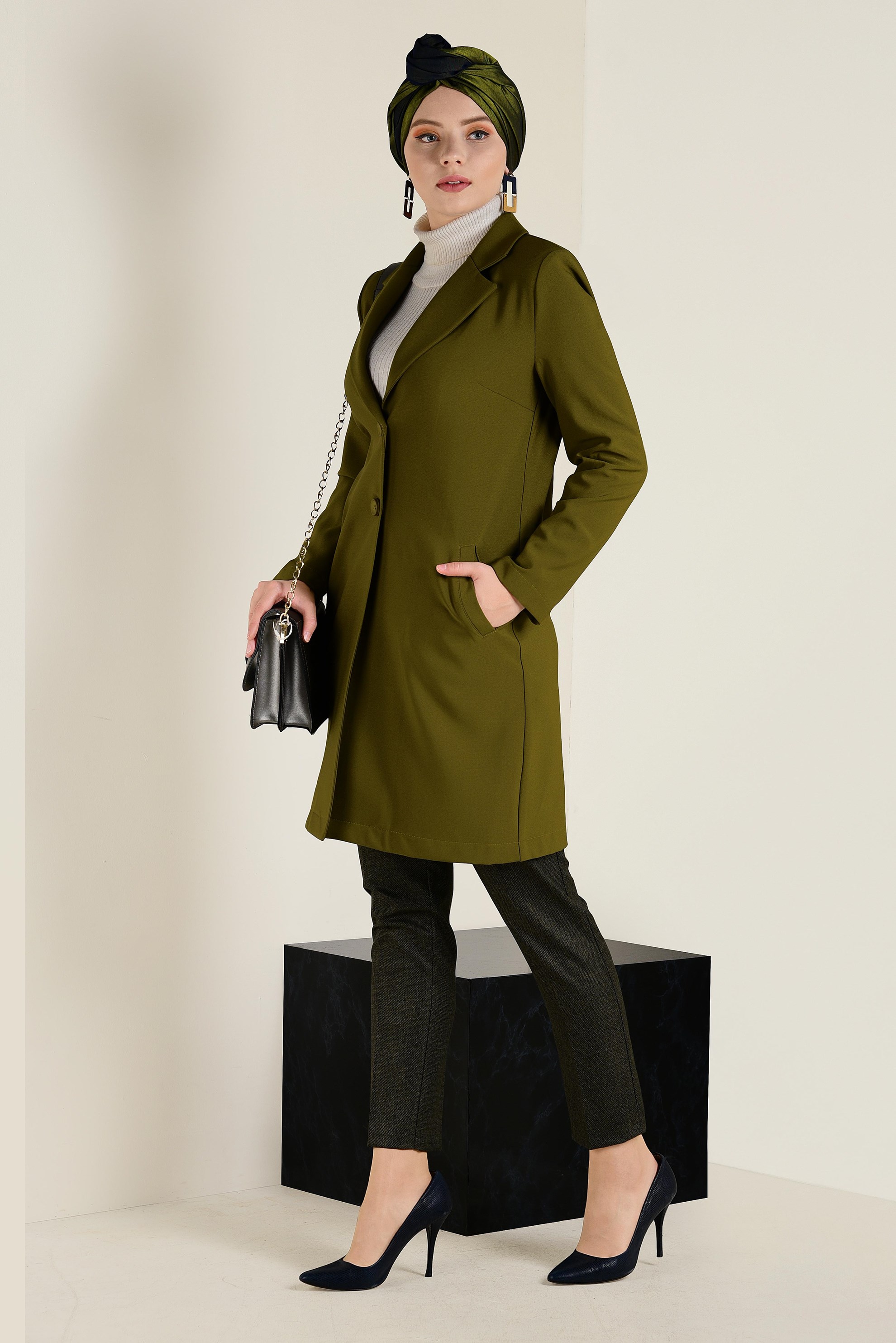 Tesettür giyim HAKİ DÜĞMELİ KLASİK CEKET 4741