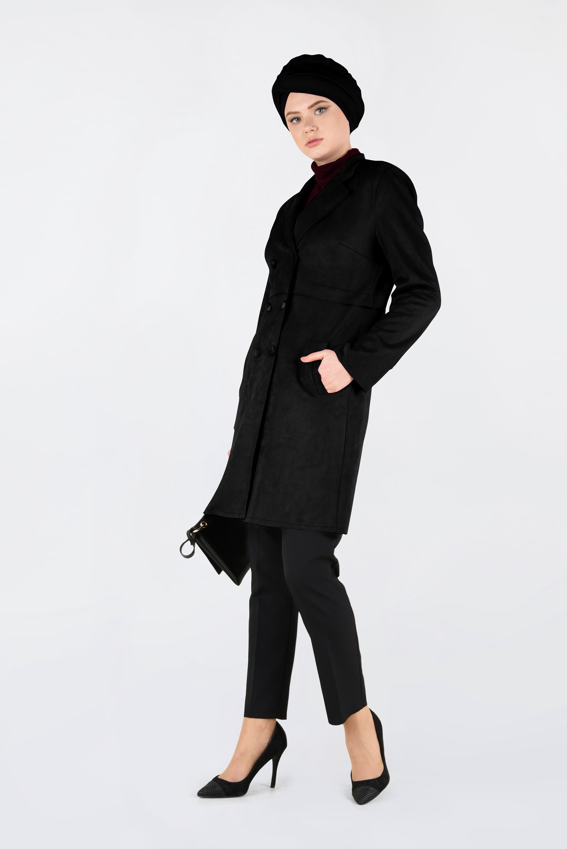 Tesettür giyim SİYAH DÜĞME DETAYLI SÜET CEKET 4754