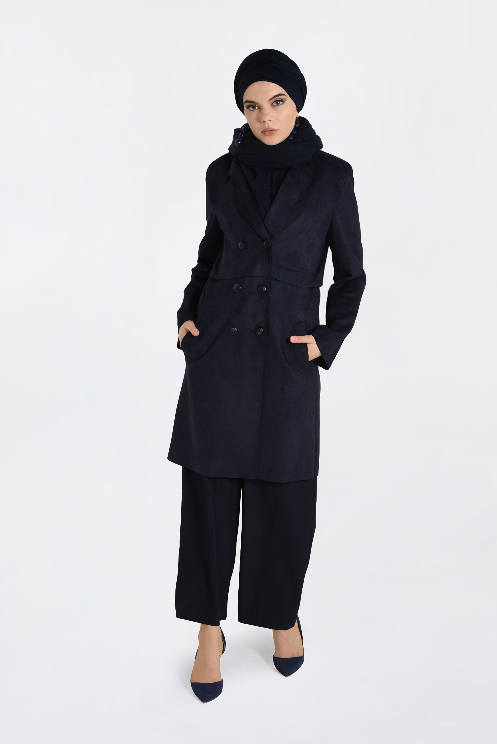 Tesettür giyim LACİVERT DÜĞME DETAYLI SÜET CEKET 4754