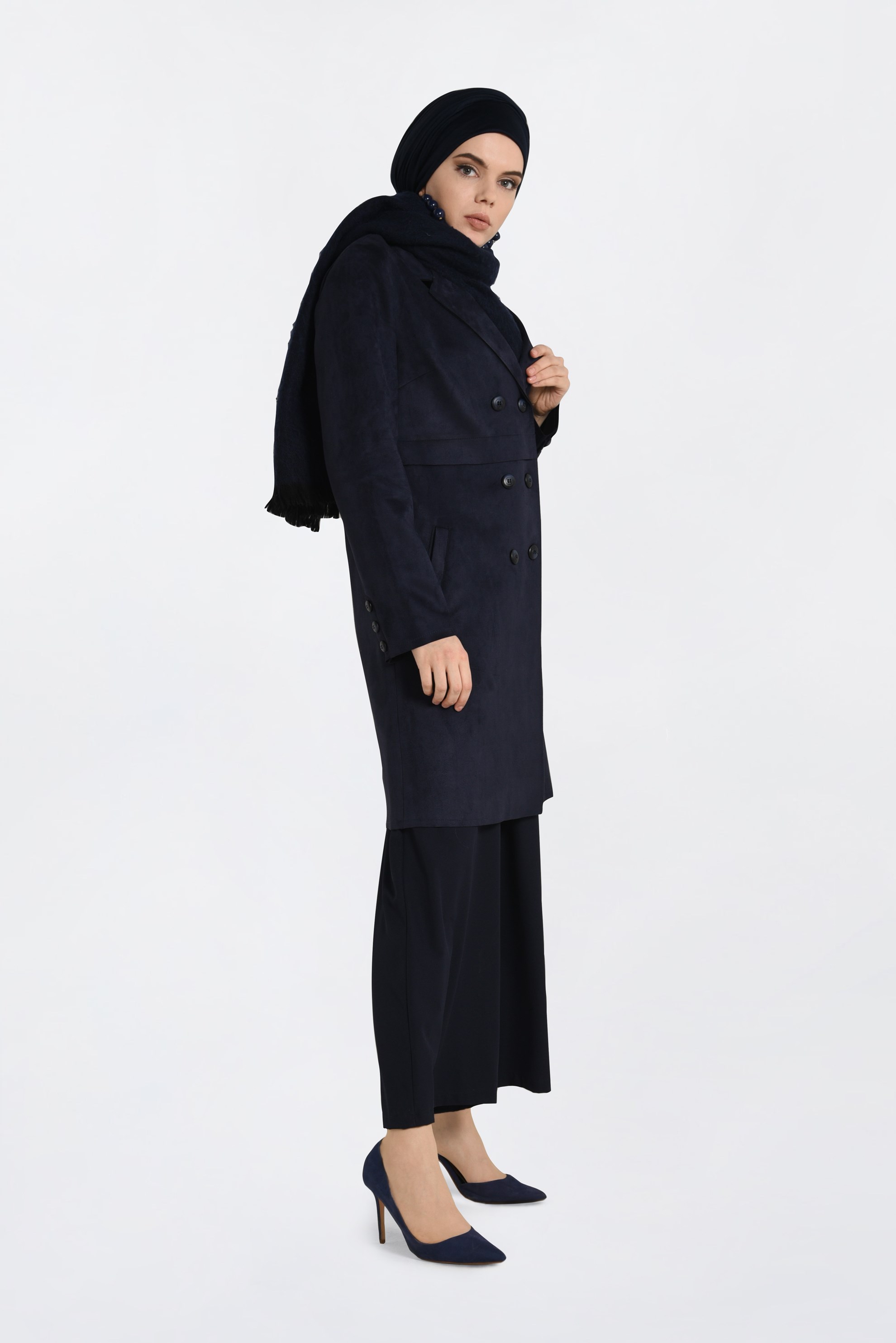 Tesettür giyim LACİVERT DÜĞME DETAYLI SÜET CEKET 4754