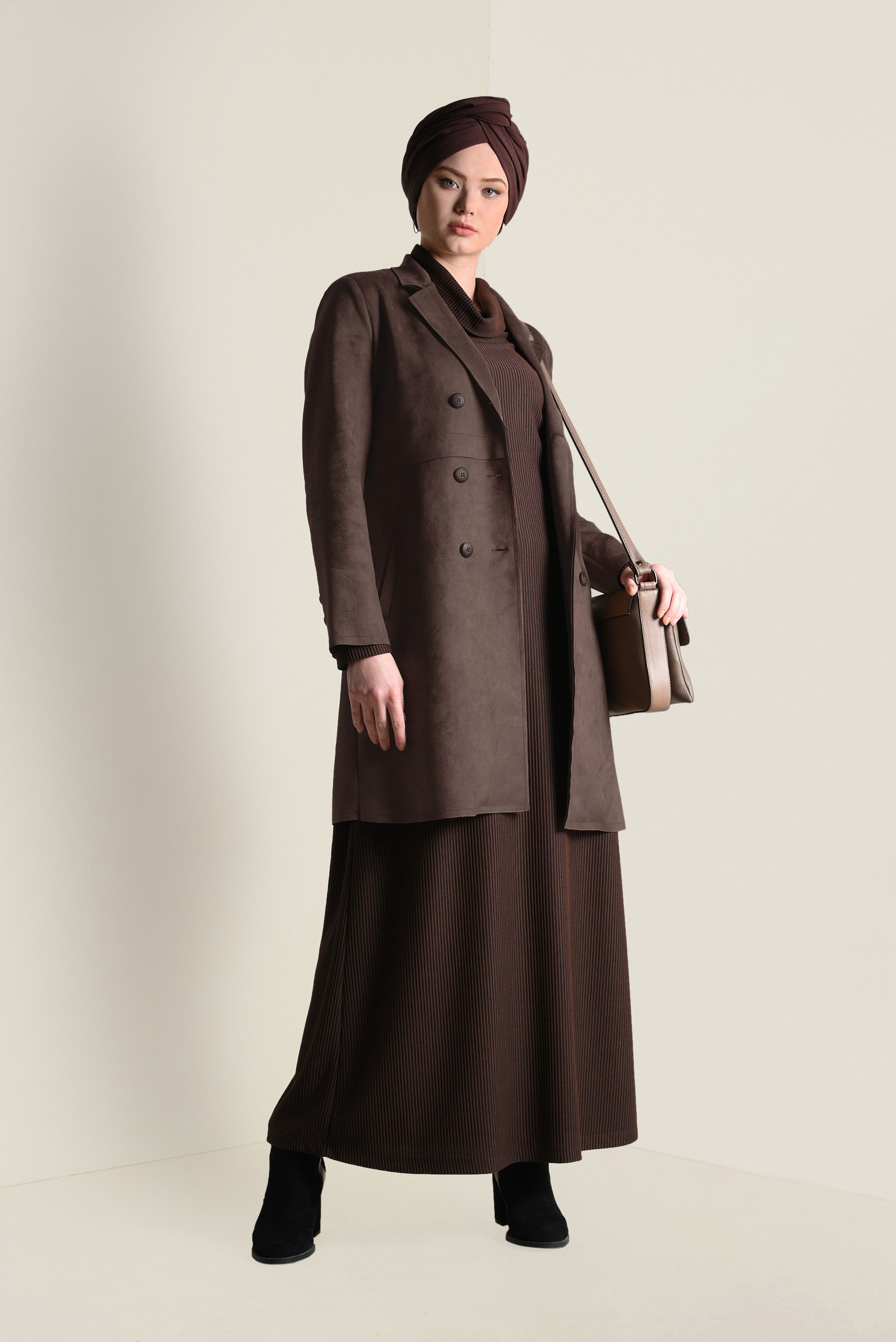 Tesettür giyim KAHVE DÜĞME DETAYLI SÜET CEKET 4754