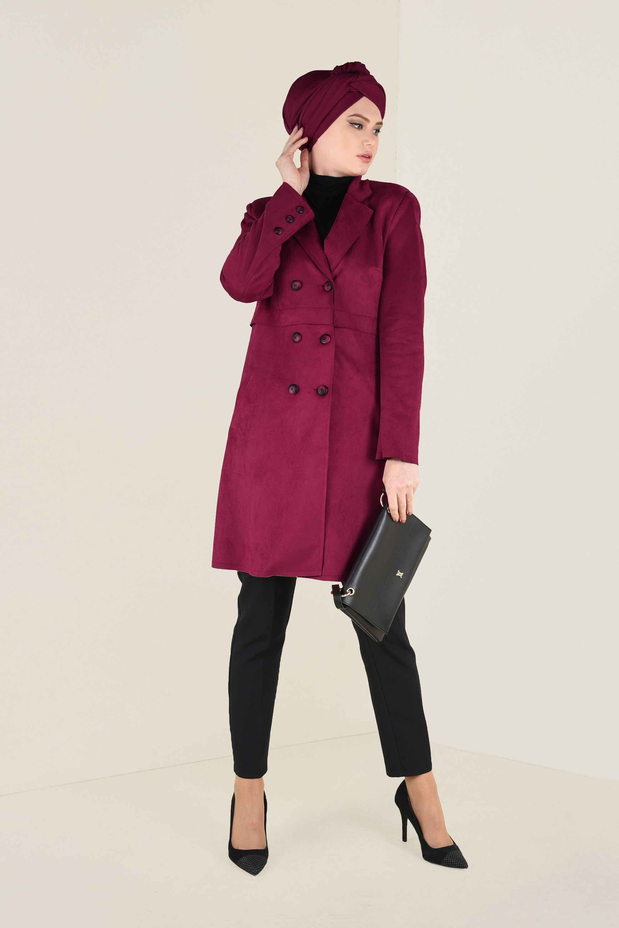 Tesettür giyim BORDO DÜĞME DETAYLI SÜET CEKET 4754