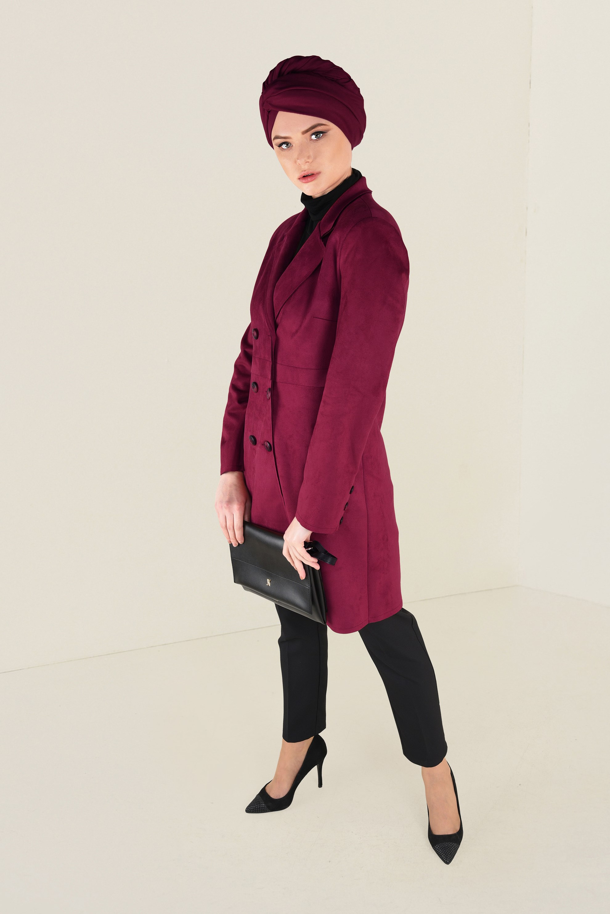 Tesettür giyim BORDO DÜĞME DETAYLI SÜET CEKET 4754