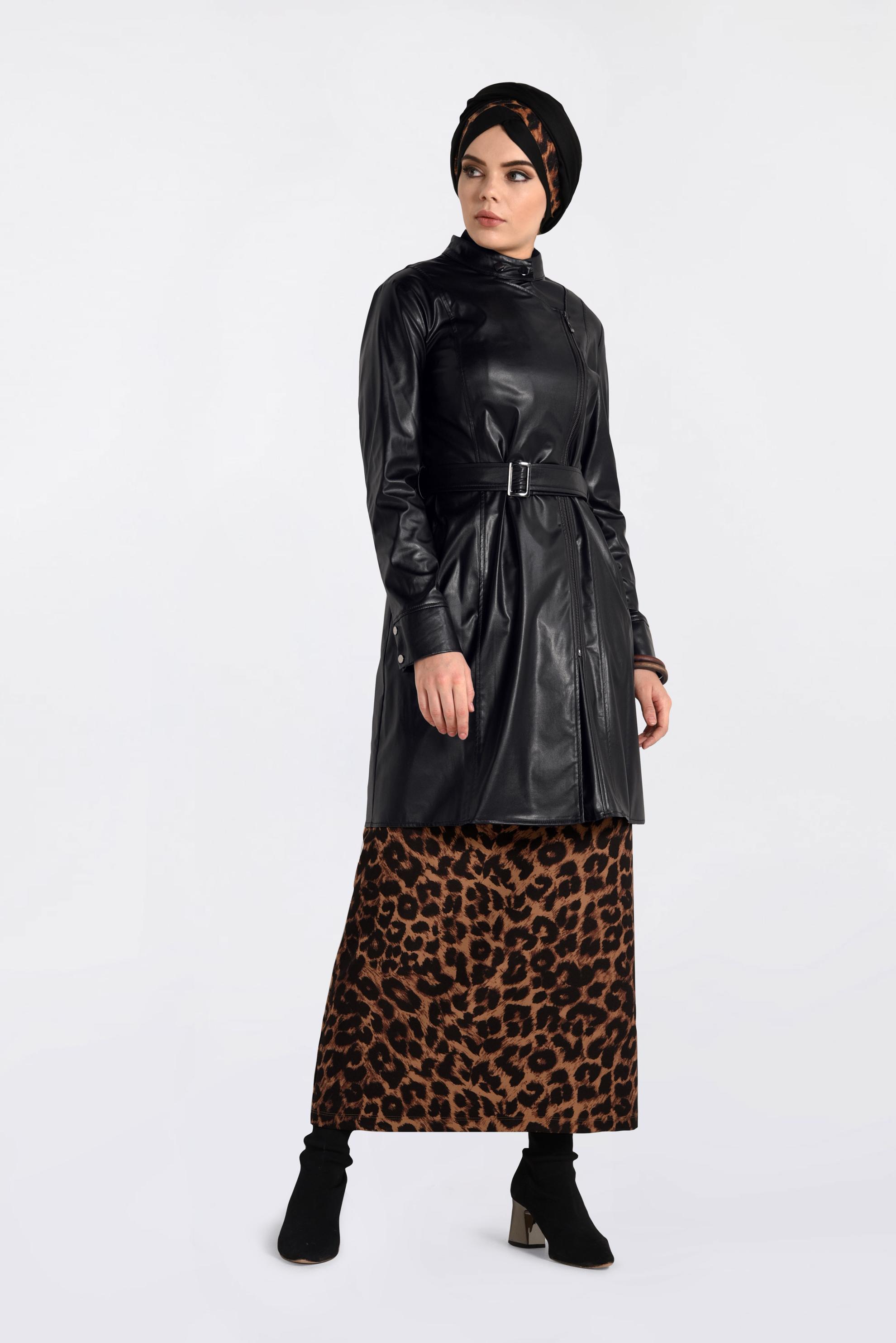 Tesettür giyim SİYAH KEMERLİ KOLLARI ÇITÇITLI DERİ CEKET 4799