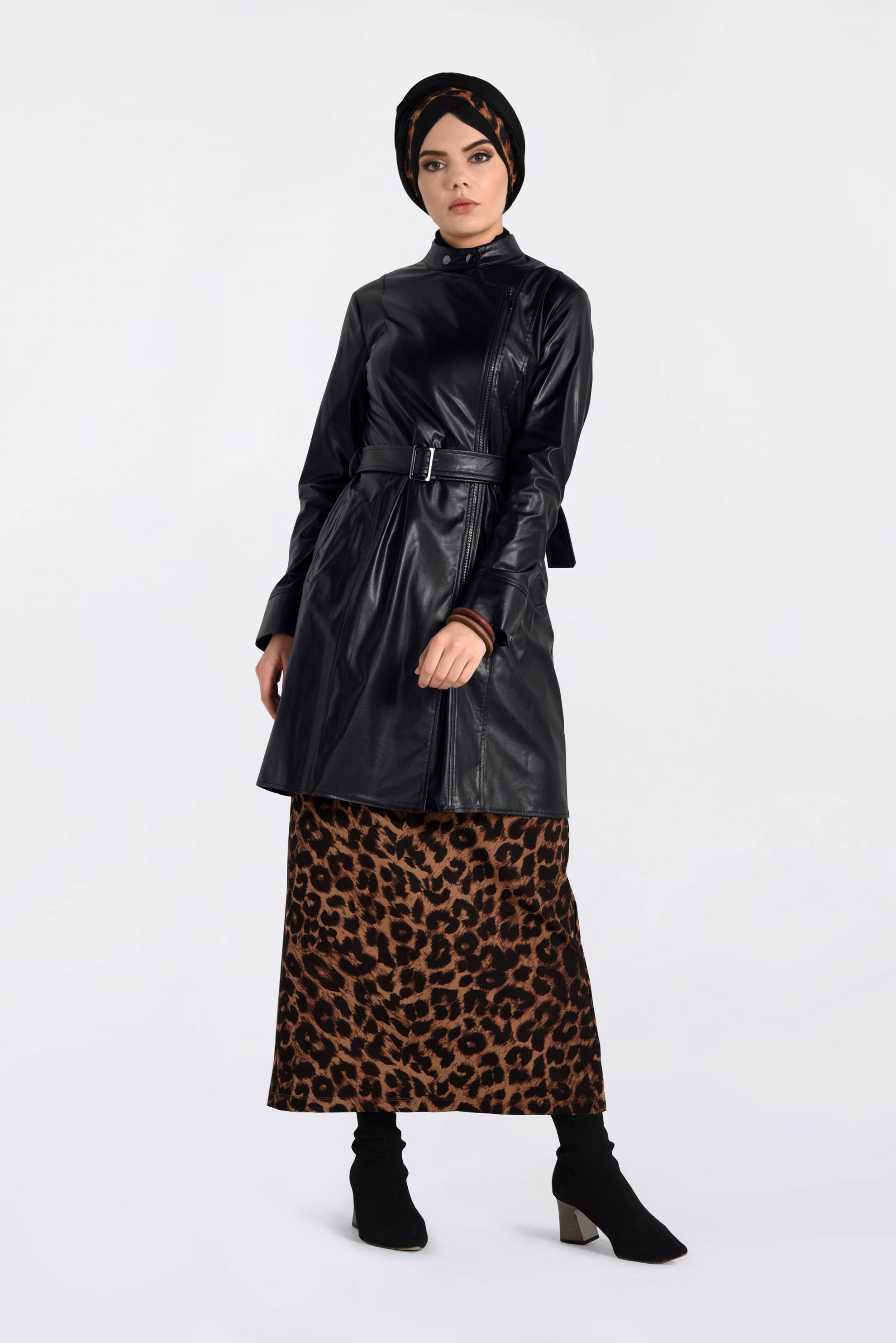 Tesettür giyim SİYAH KEMERLİ KOLLARI ÇITÇITLI DERİ CEKET 4799