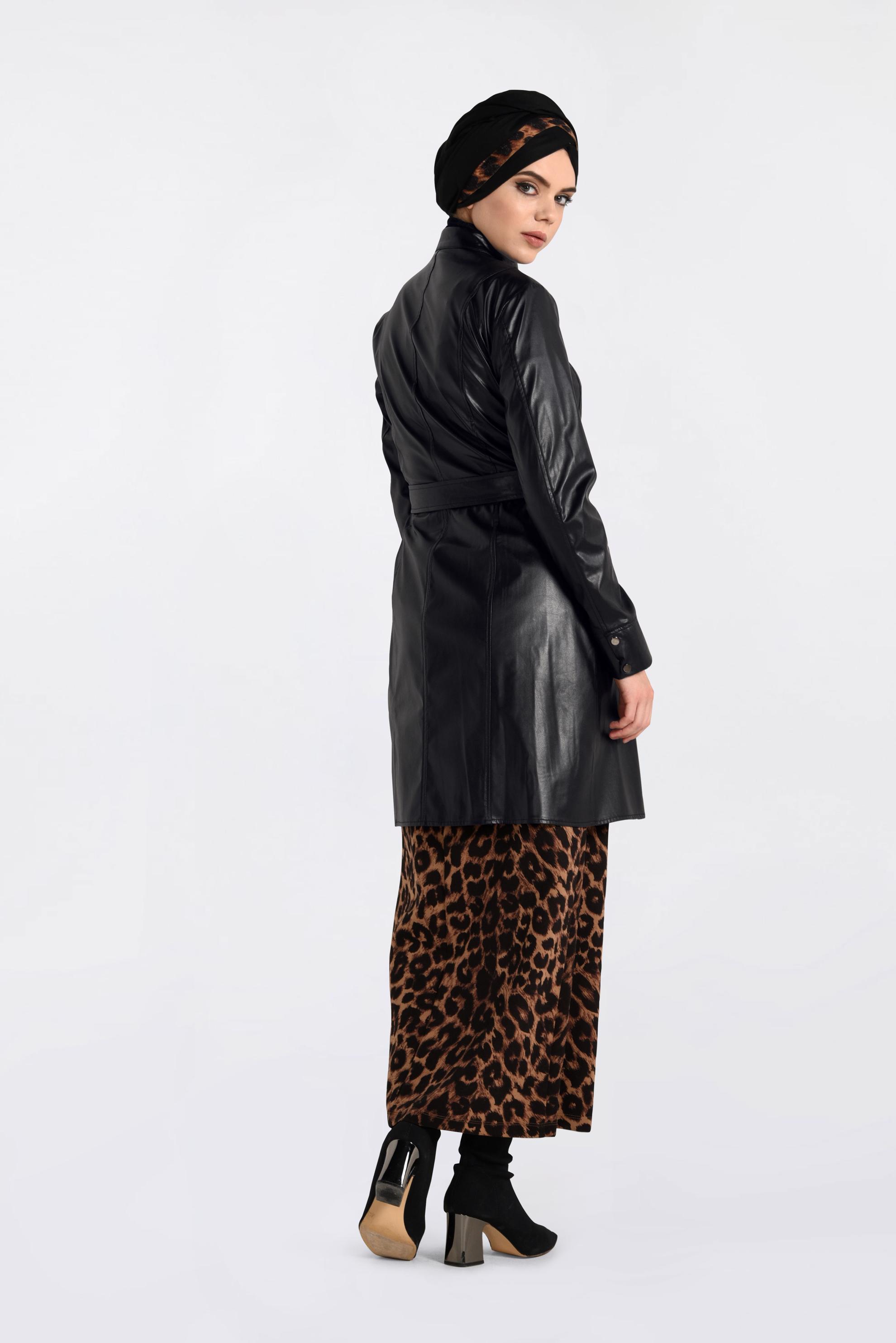 Tesettür giyim SİYAH KEMERLİ KOLLARI ÇITÇITLI DERİ CEKET 4799