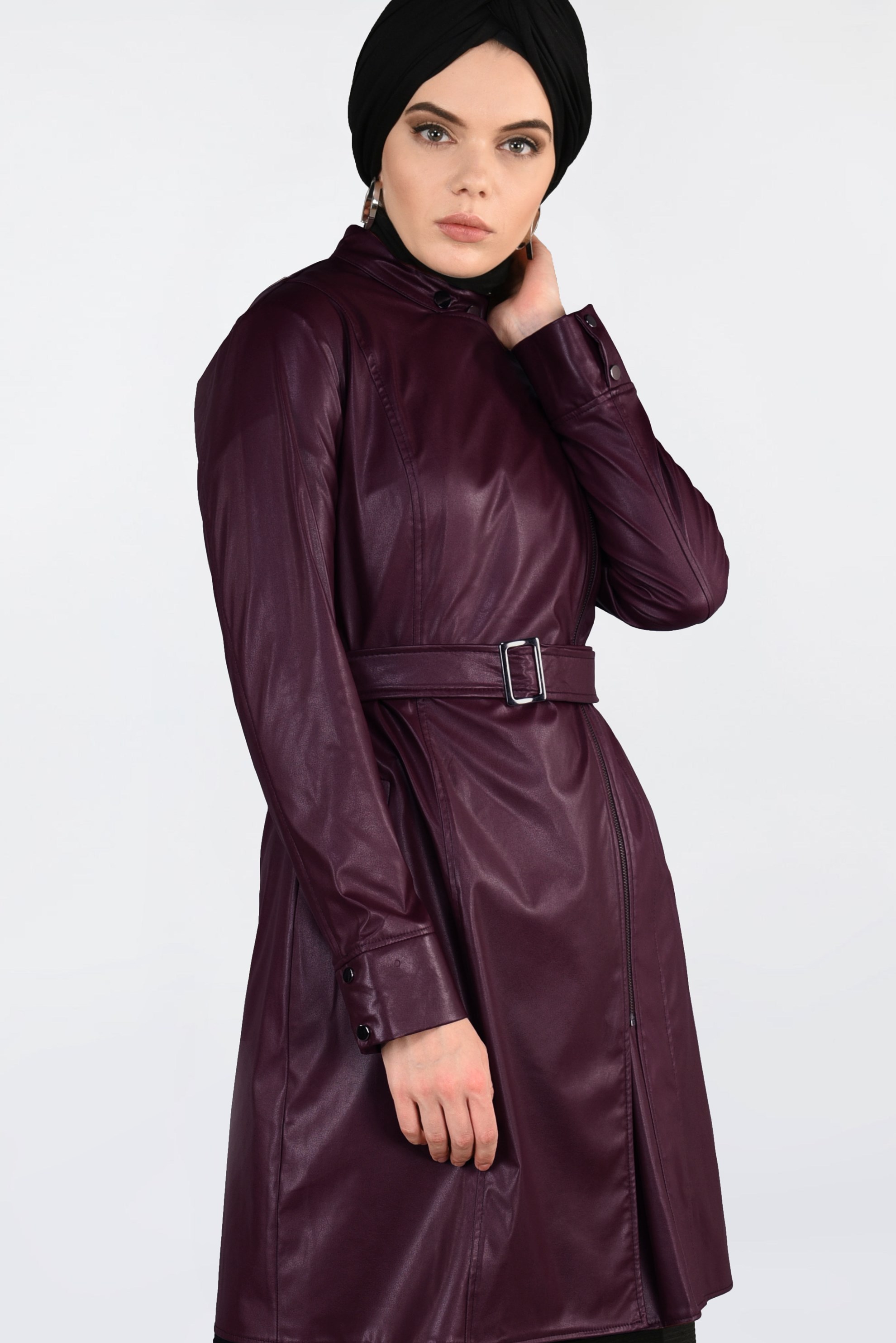 Tesettür giyim BORDO KEMERLİ KOLLARI ÇITÇITLI DERİ CEKET 4799