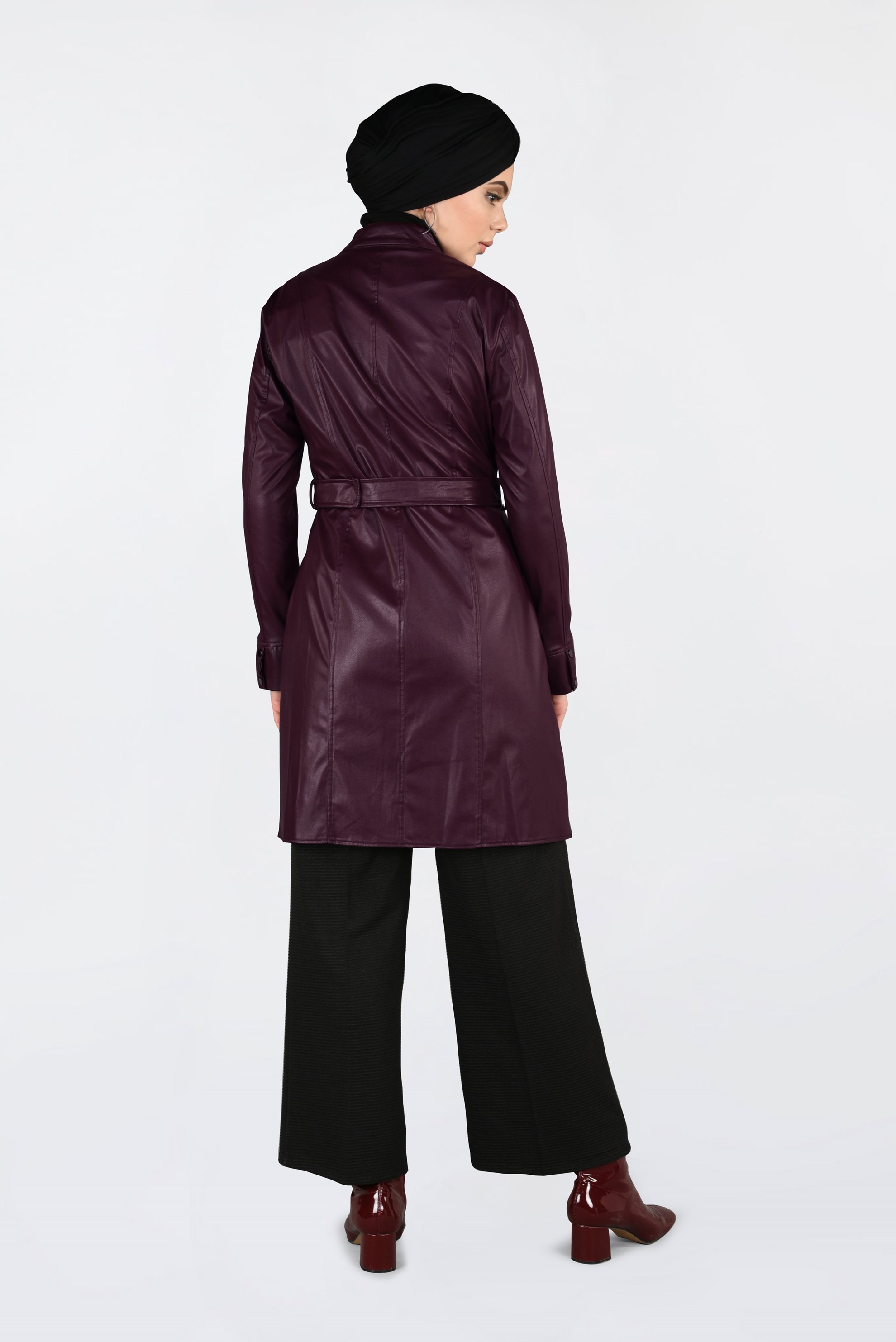 Tesettür giyim BORDO KEMERLİ KOLLARI ÇITÇITLI DERİ CEKET 4799