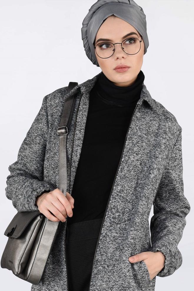 Vêtements hijab GRIS VESTE À ZIPPÉ À OURLET-ÉLASTIQUE 4821 - ALVİNA