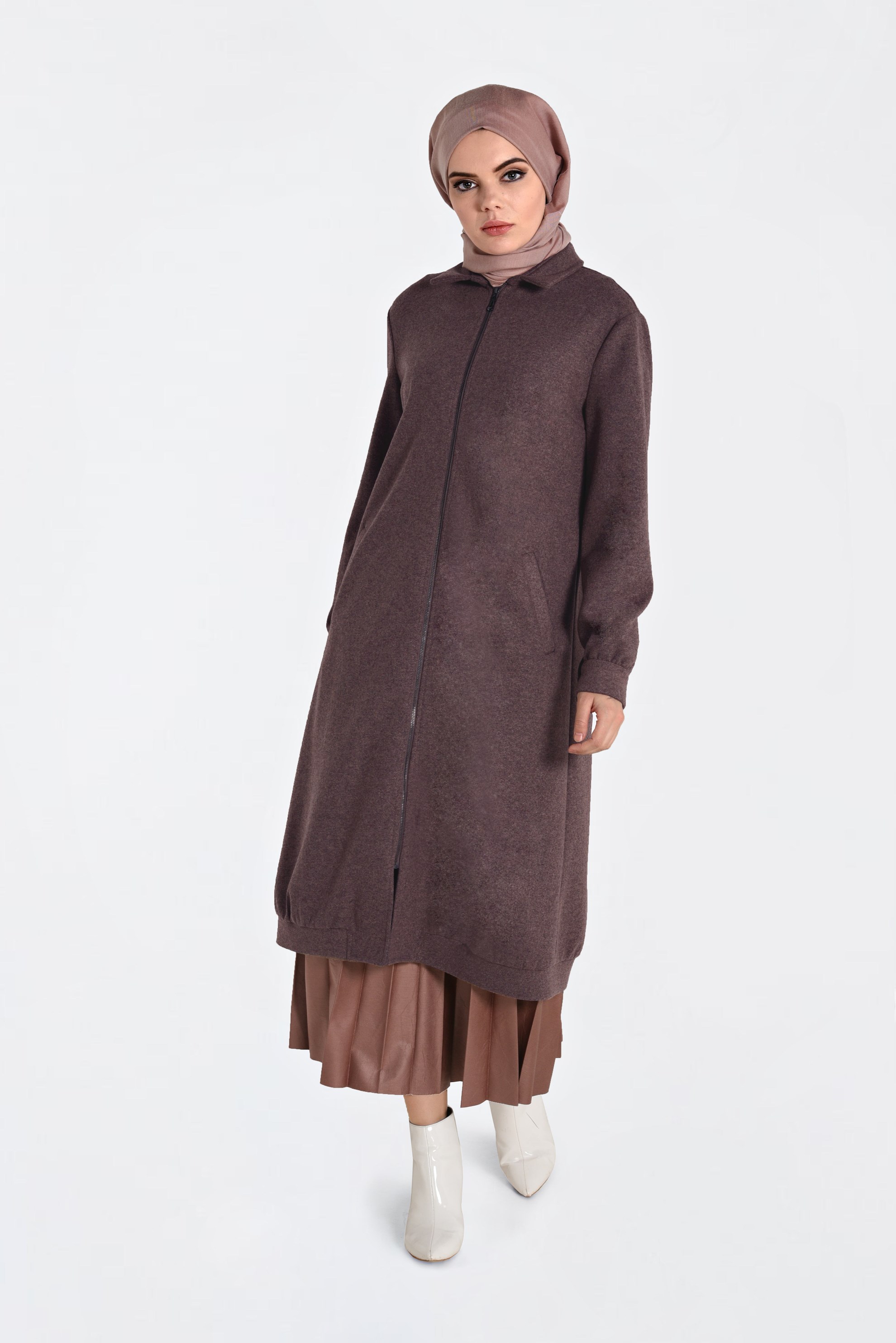 Hijab clothing BROWN ZIPPED WALKER COAT 4822