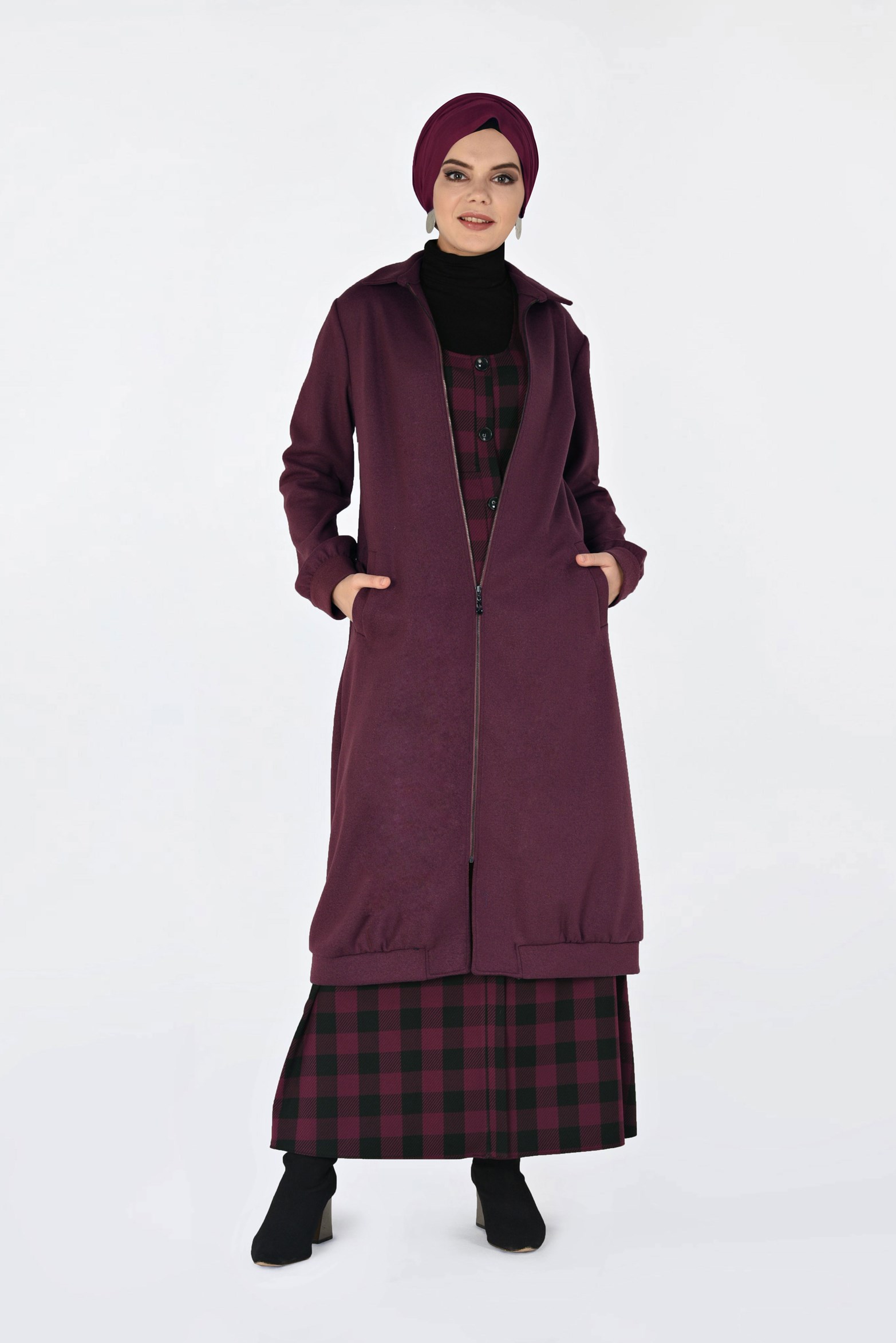 Tesettür giyim PEMBE BOYDAN FERMUARLI KAŞE KABAN 4822